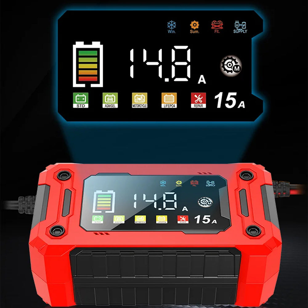 EnerOsci 15A Smart Car Battery Charger LiFePO4 Lithium Pulse Repair 12V/24V with HD Screen