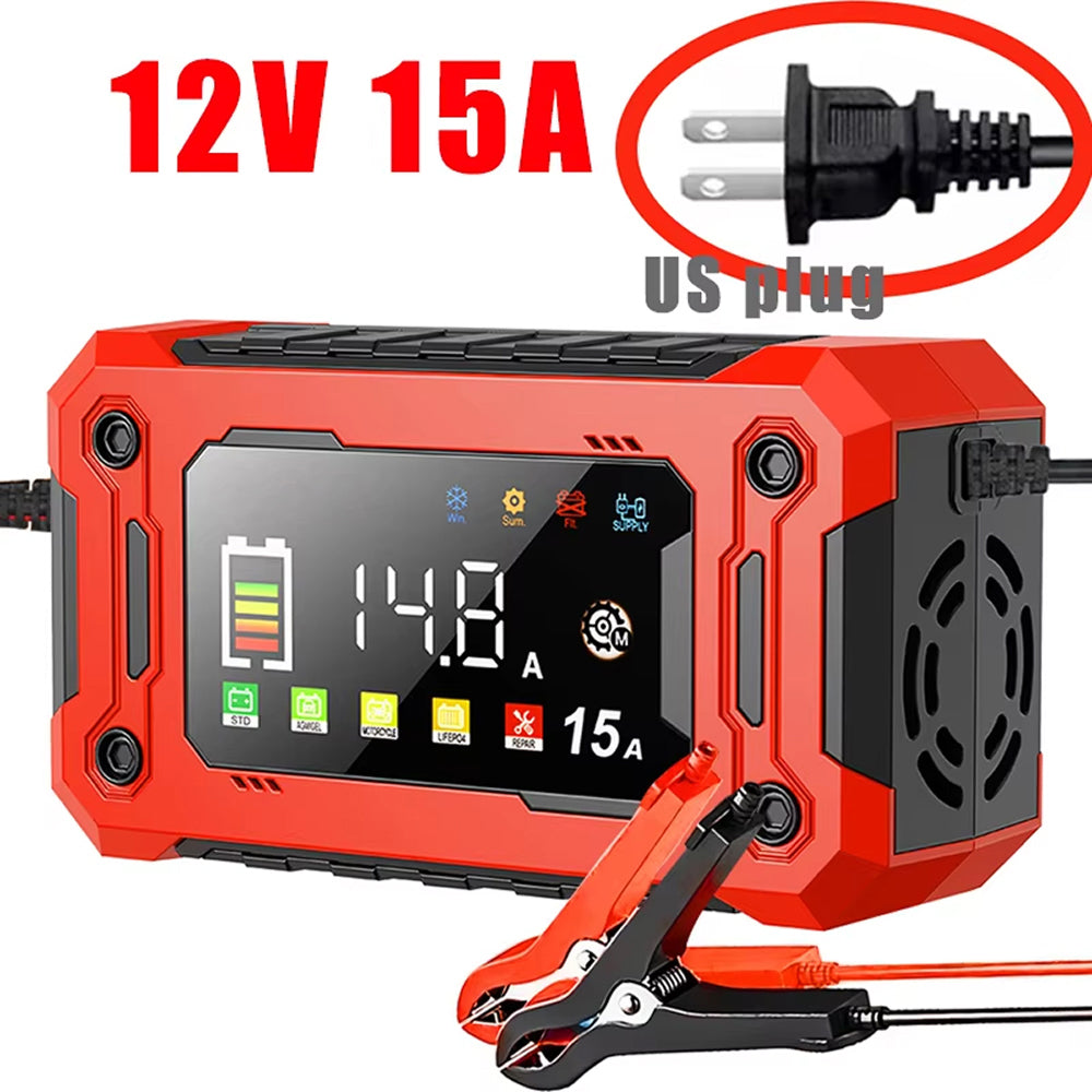 EnerOsci 15A Smart Car Battery Charger LiFePO4 Lithium Pulse Repair 12V/24V with HD Screen
