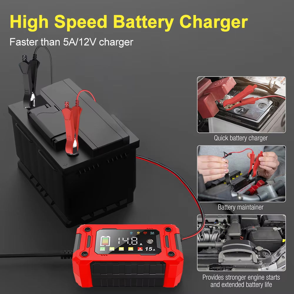 EnerOsci 15A Smart Car Battery Charger LiFePO4 Lithium Pulse Repair 12V/24V with HD Screen