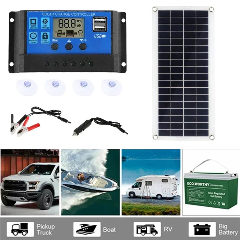 EsrixSun Portable 18V Solar Panel Kit with High-Efficiency Conversion, Dual USB/DC Output and HD LCD Charge Controller