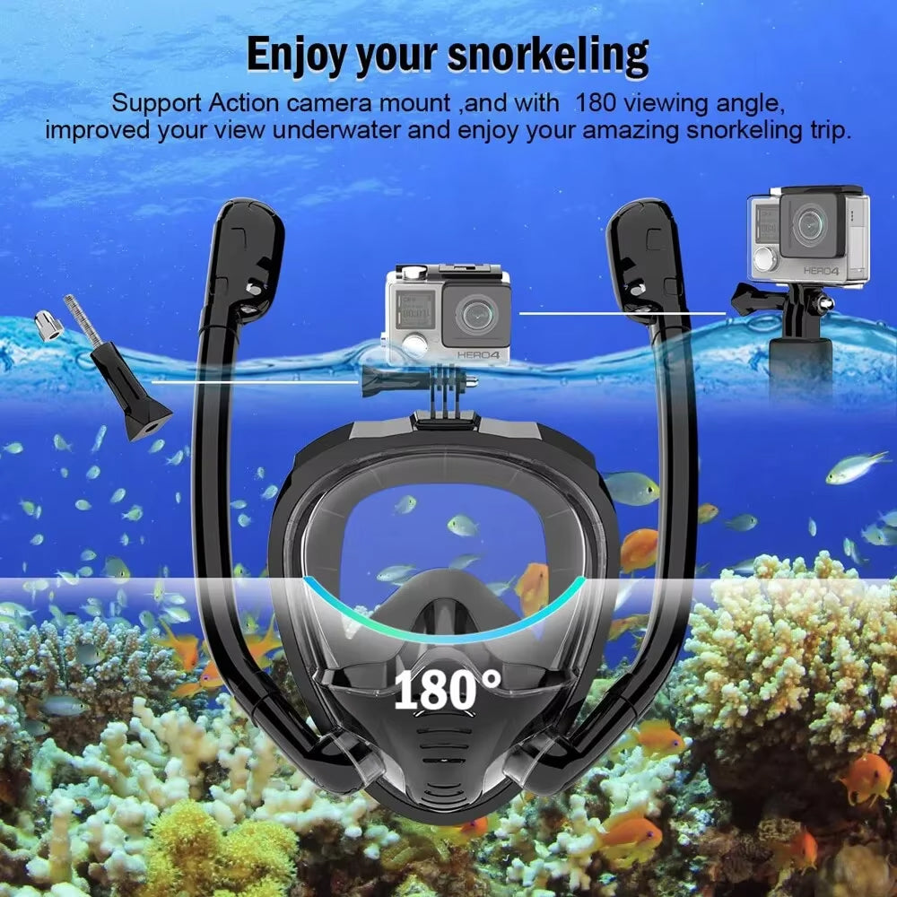 FacoAqua Full Face Snorkel Mask Dual Tube 180° Panoramic View Anti-Fog Anti-Leak