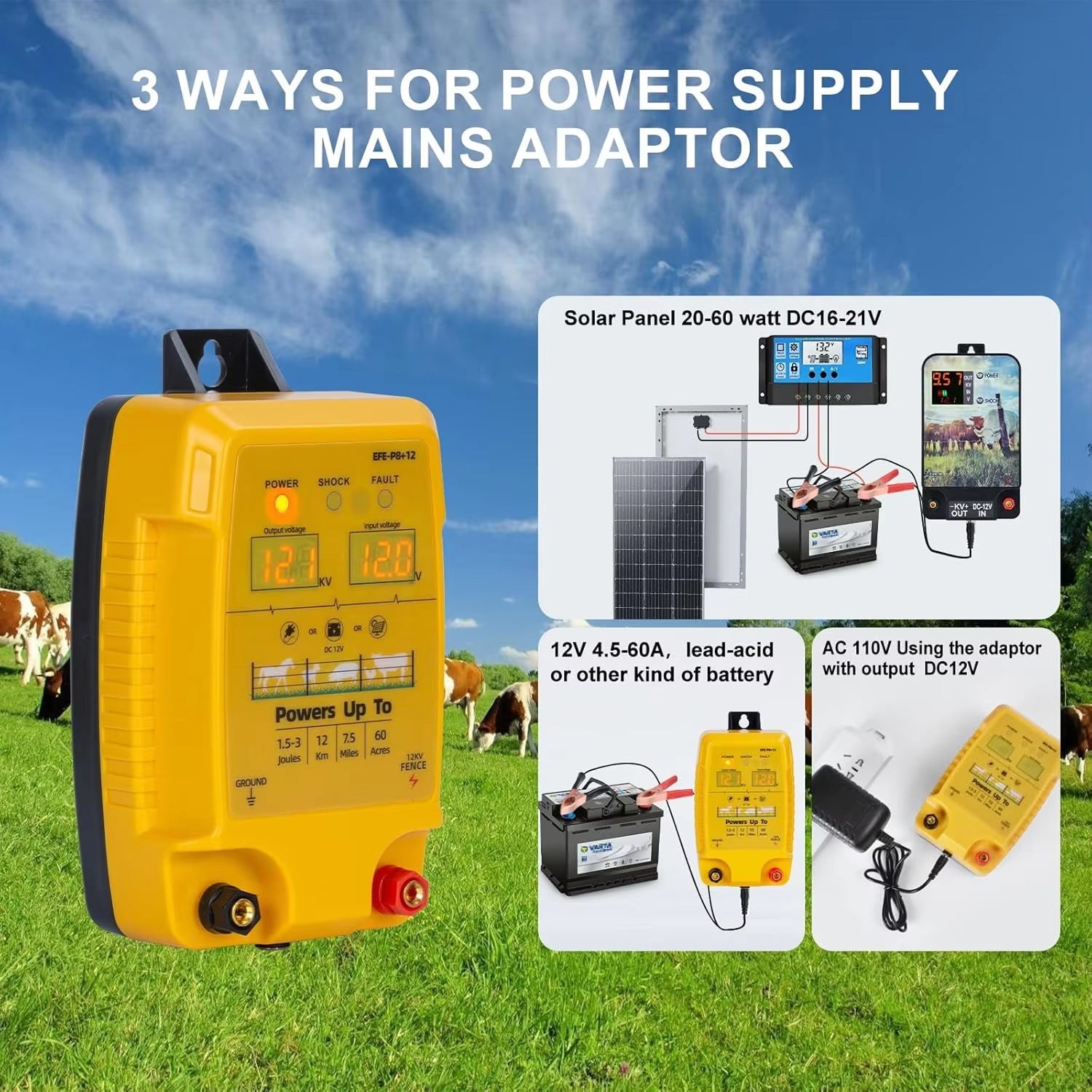 FeciLaxi 12km Electric Fence Energizer - 12.8kV / 3 Joule Output for 60-Acre Livestock Containment, Solar/Battery/AC