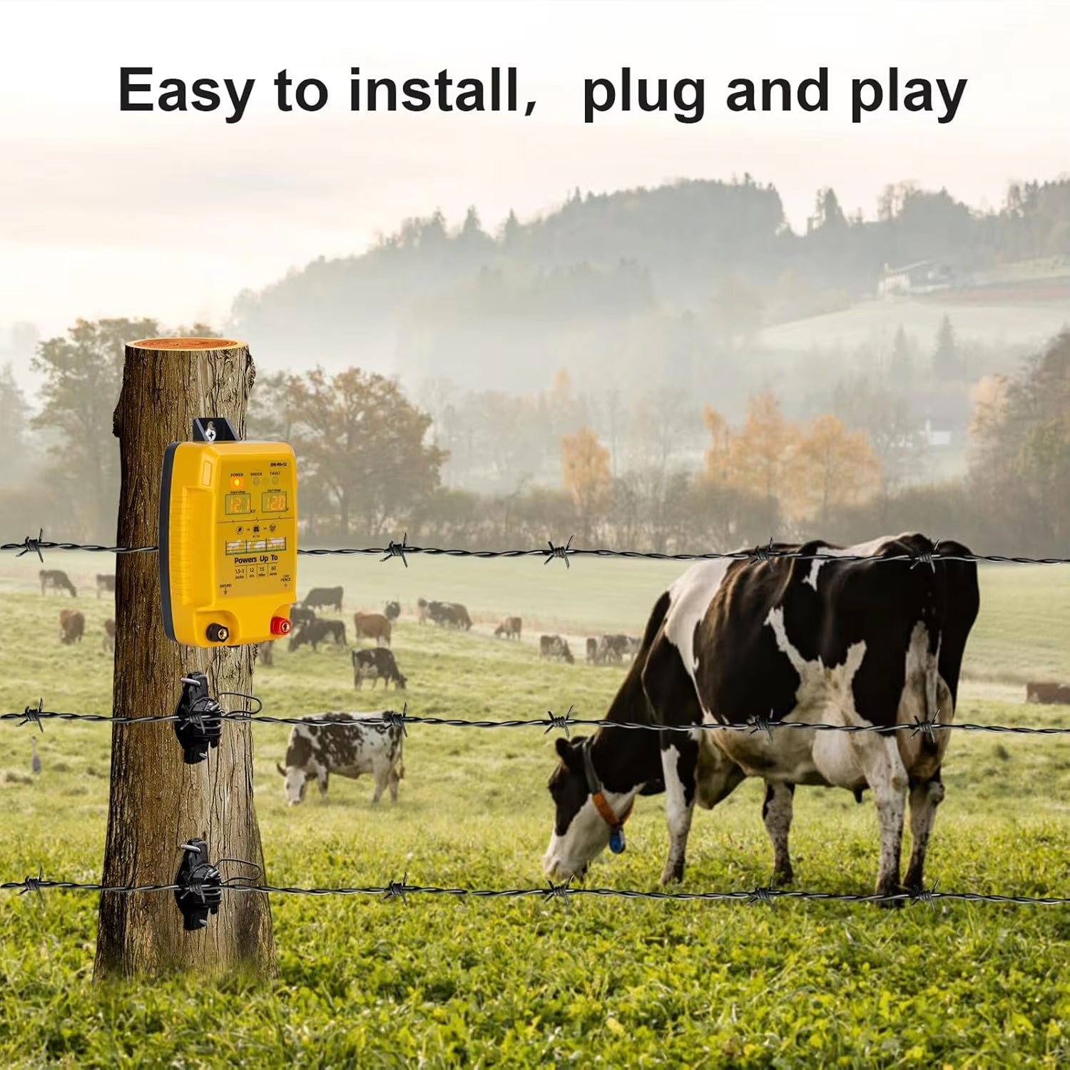 FeciLaxi 12km Electric Fence Energizer - 12.8kV / 3 Joule Output for 60-Acre Livestock Containment, Solar/Battery/AC