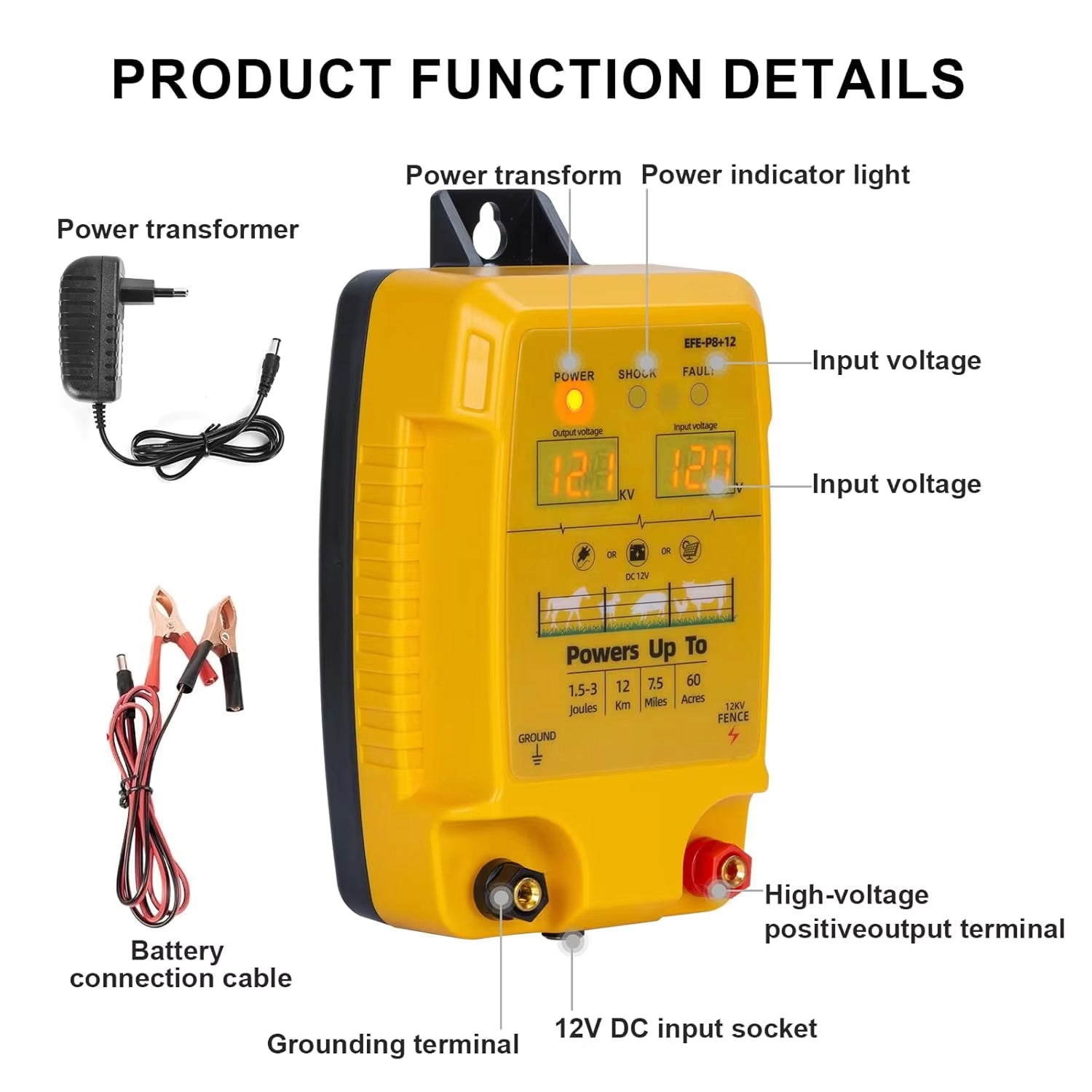 FeciLaxi 12km Electric Fence Energizer - 12.8kV / 3 Joule Output for 60-Acre Livestock Containment, Solar/Battery/AC