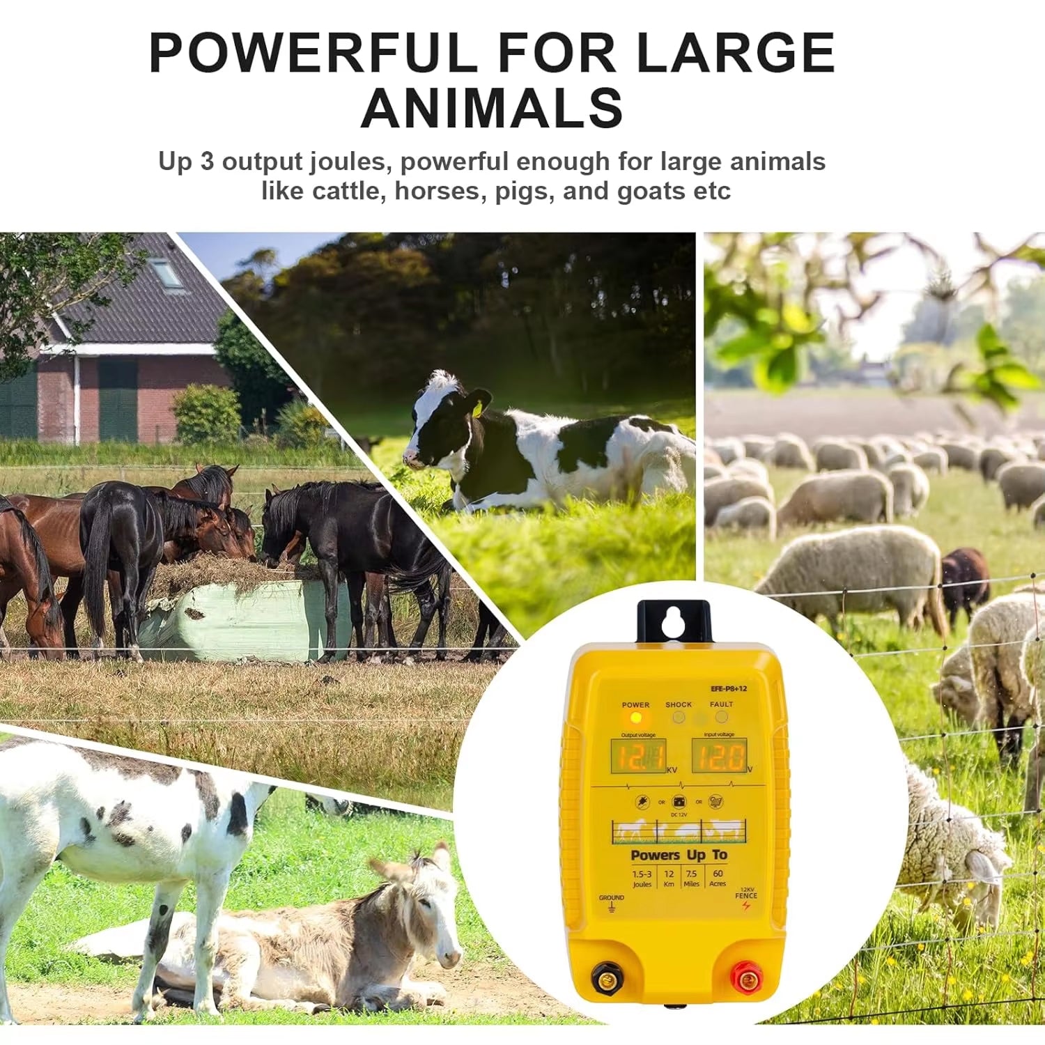 FeciLaxi 12km Electric Fence Energizer - 12.8kV / 3 Joule Output for 60-Acre Livestock Containment, Solar/Battery/AC
