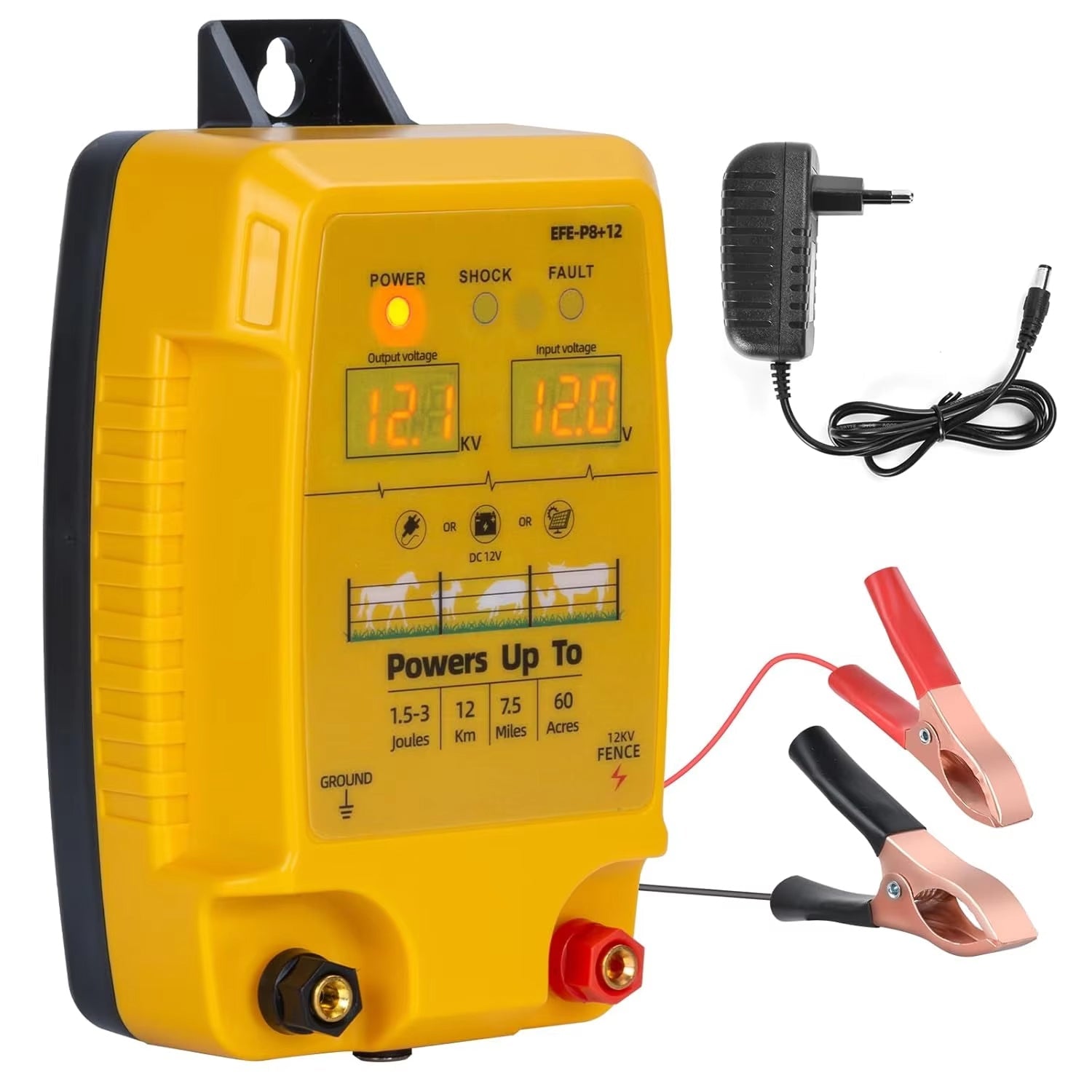 FeciLaxi 12km Electric Fence Energizer - 12.8kV / 3 Joule Output for 60-Acre Livestock Containment, Solar/Battery/AC