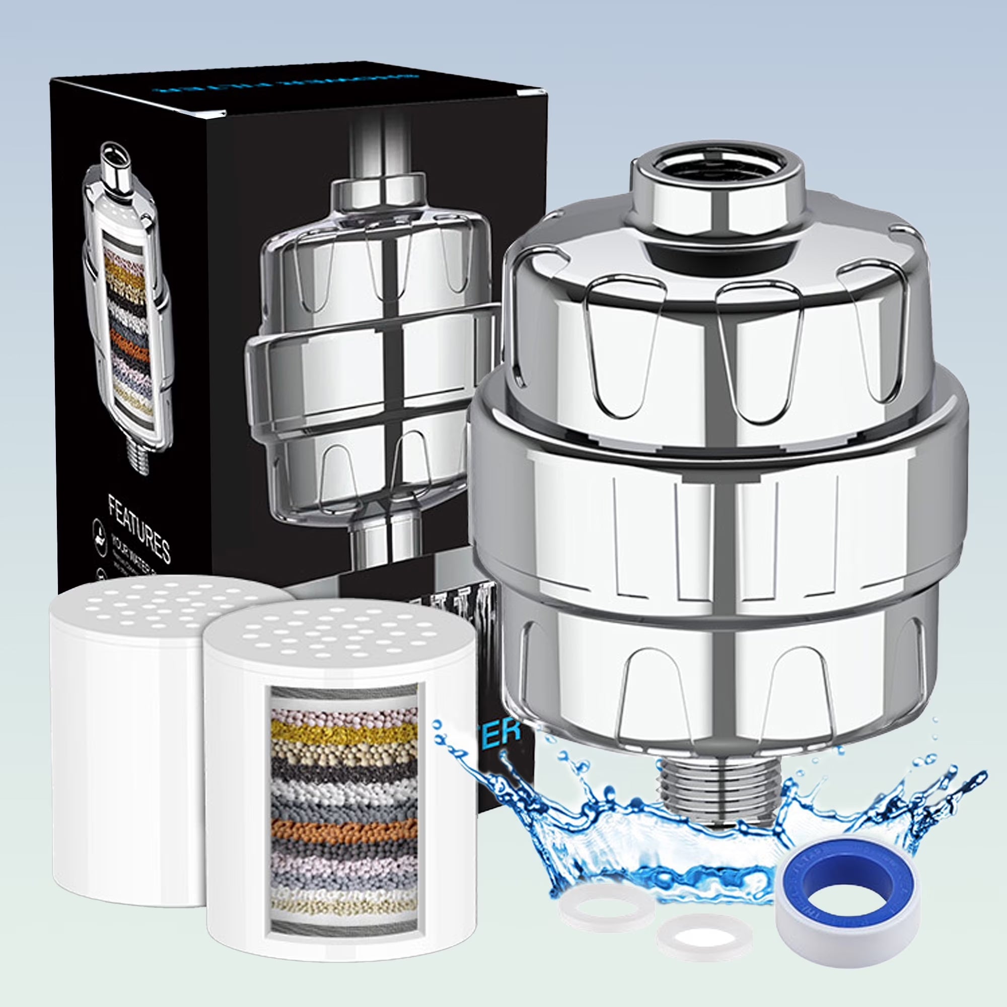 FilCleani 15-Stage High-Performance Shower Filter with 2 Replacement Cartridges, 99% Chlorine Removal and Tool-Free Installation