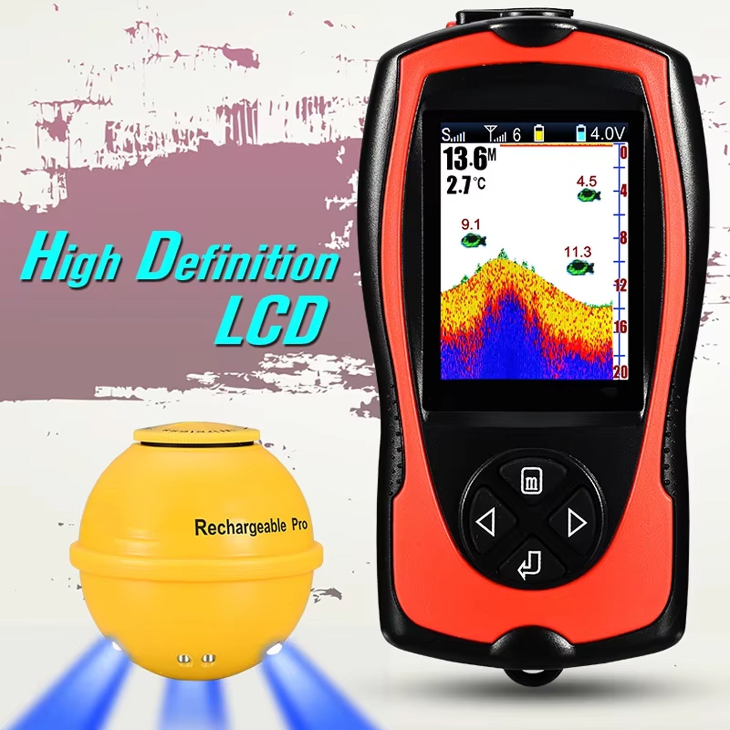 FishuAro Wireless Portable Fish Finder with 2.4-Inch Color LCD, 90-Degree Sonar Coverage and 150m Transmission Range