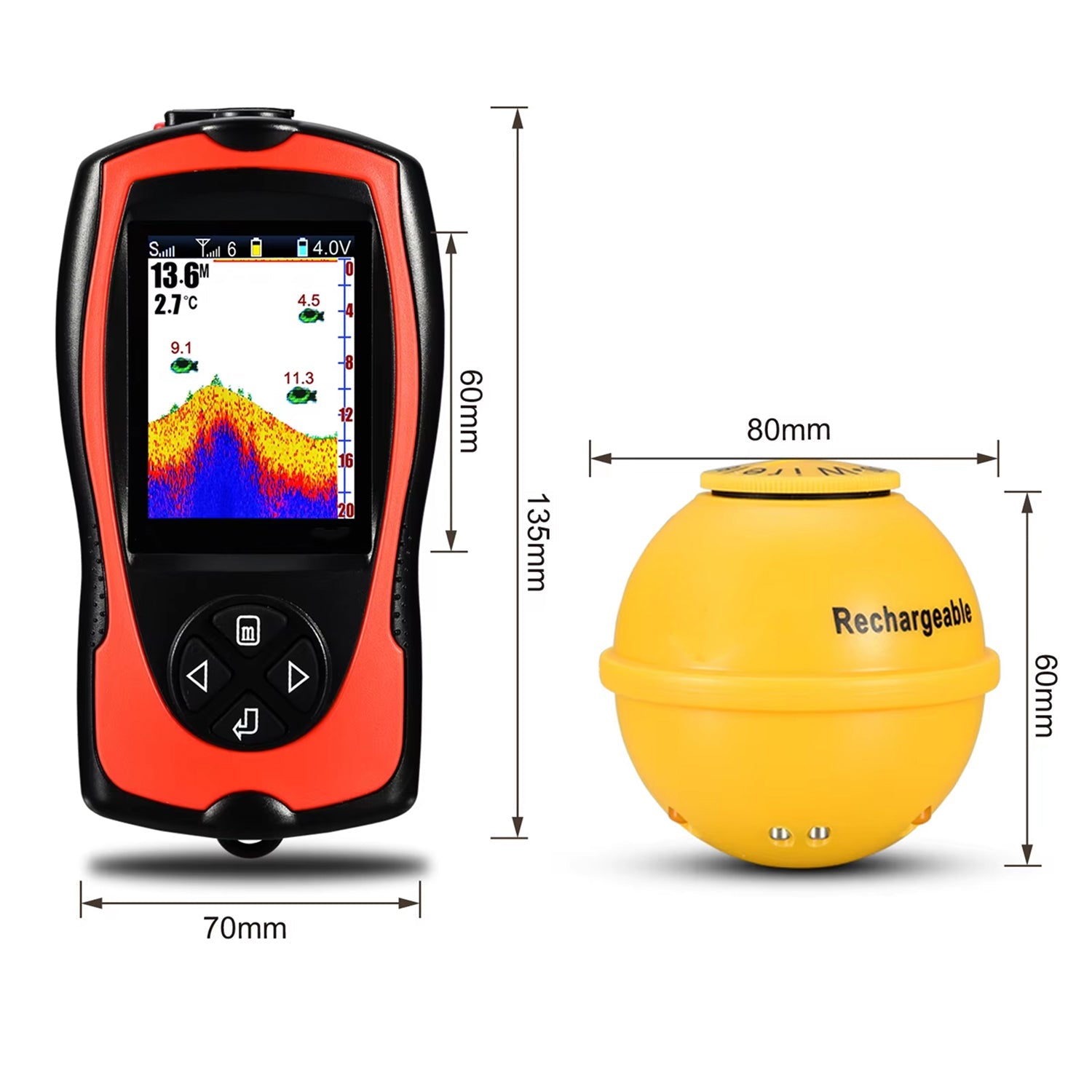 FishuAro Wireless Portable Fish Finder with 2.4-Inch Color LCD, 90-Degree Sonar Coverage and 150m Transmission Range