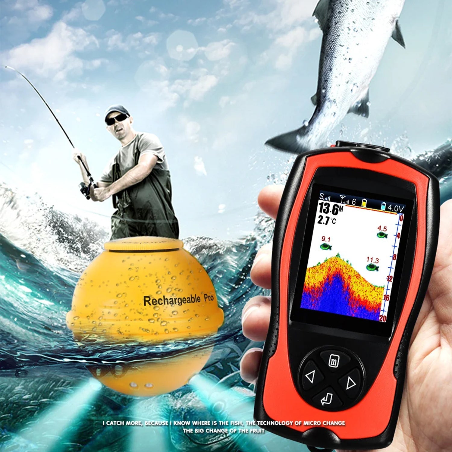 FishuAro Wireless Portable Fish Finder with 2.4-Inch Color LCD, 90-Degree Sonar Coverage and 150m Transmission Range