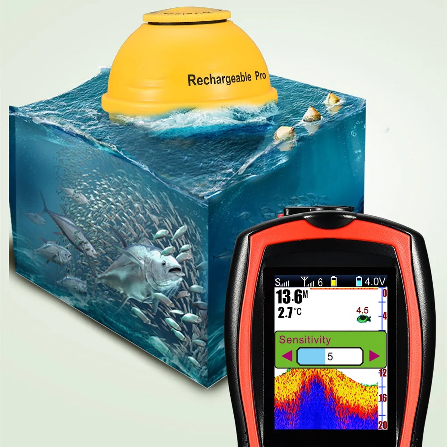 FishuAro Wireless Portable Fish Finder with 2.4-Inch Color LCD, 90-Degree Sonar Coverage and 150m Transmission Range