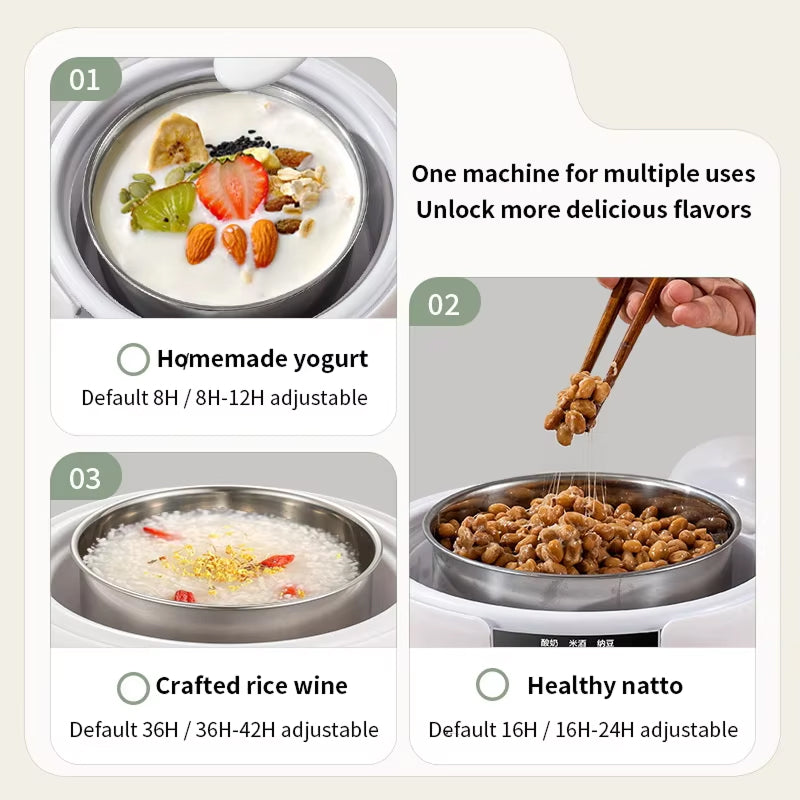 FresDaci 3-in-1 Digital Yogurt Maker with 1200ml Stainless Steel Pot, Natto & Rice Wine Functions and Precision 0.5°C Temperature Control