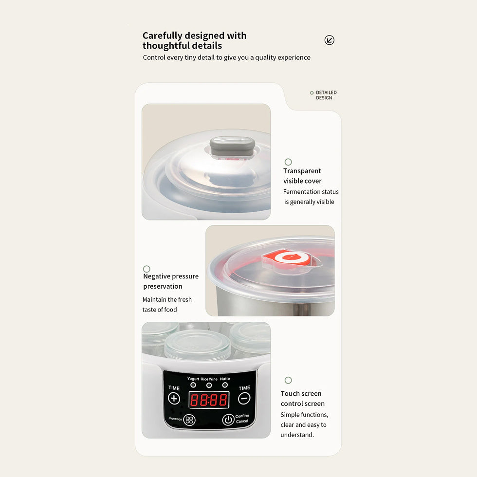 FresDaci 3-in-1 Digital Yogurt Maker with 1200ml Stainless Steel Pot, Natto & Rice Wine Functions and Precision 0.5°C Temperature Control
