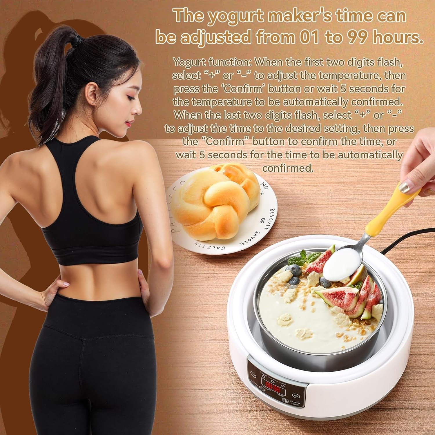 FresDaci 3-in-1 Digital Yogurt Maker with 1200ml Stainless Steel Pot, Natto & Rice Wine Functions and Precision 0.5°C Temperature Control