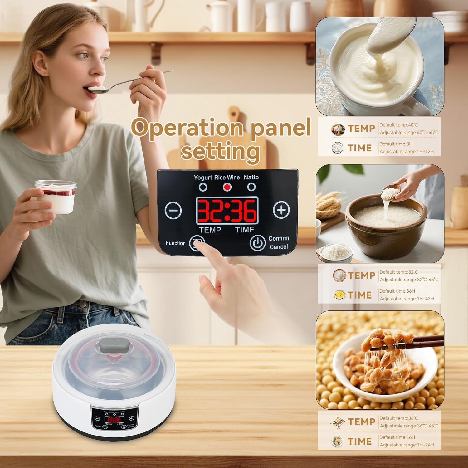 FresDaci 3-in-1 Digital Yogurt Maker with 1200ml Stainless Steel Pot, Natto & Rice Wine Functions and Precision 0.5°C Temperature Control