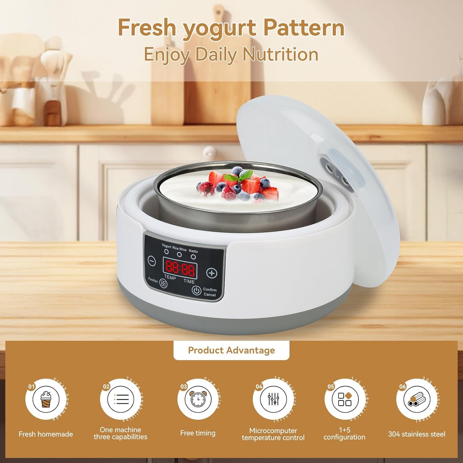 FresDaci 3-in-1 Digital Yogurt Maker with 1200ml Stainless Steel Pot, Natto & Rice Wine Functions and Precision 0.5°C Temperature Control