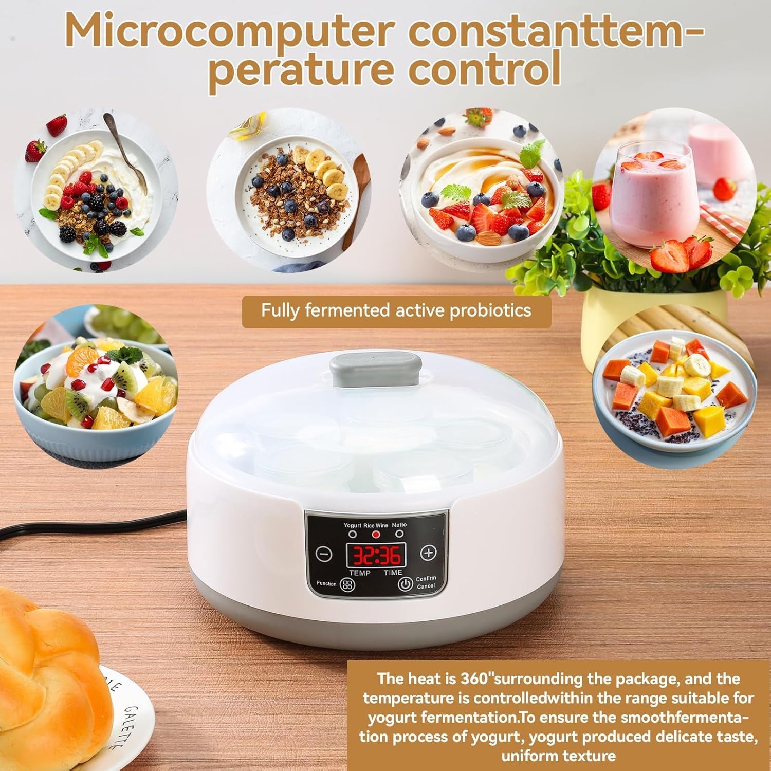FresDaci 3-in-1 Digital Yogurt Maker with 1200ml Stainless Steel Pot, Natto & Rice Wine Functions and Precision 0.5°C Temperature Control