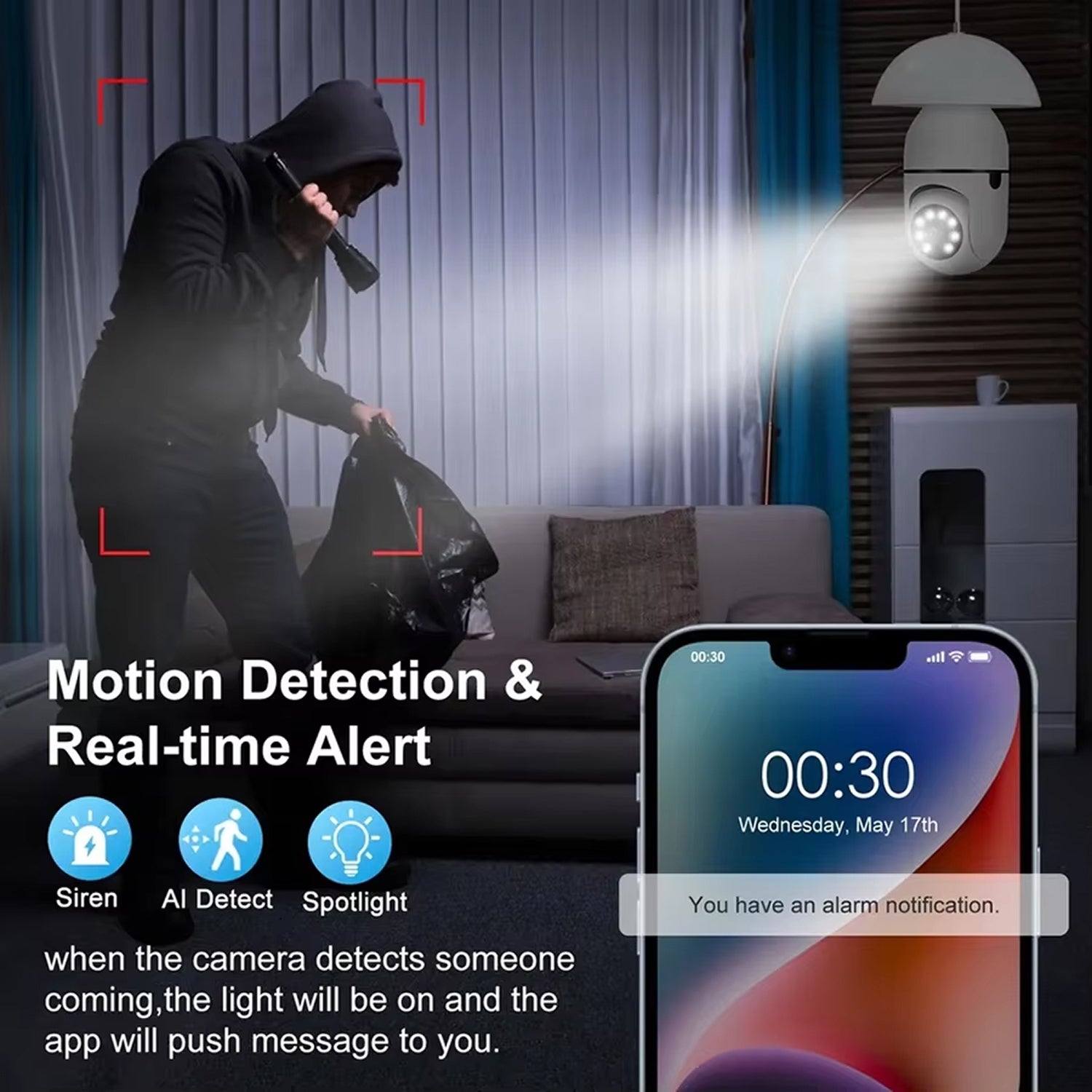 GlowieSpy Light Bulb Security Camera 360° Panoramic WiFi E27 Full Color Night Vision
