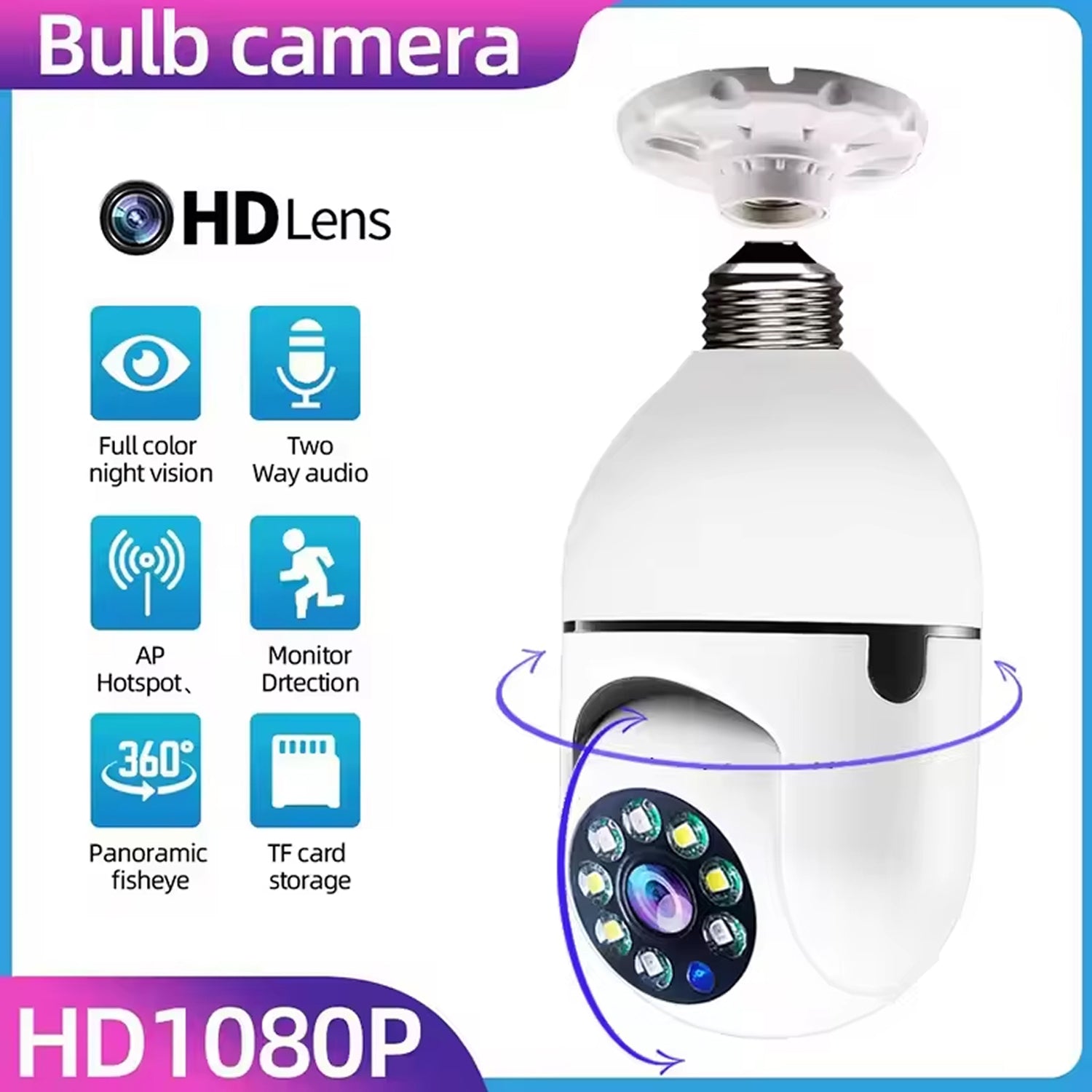 GlowieSpy Light Bulb Security Camera 360° Panoramic WiFi E27 Full Color Night Vision