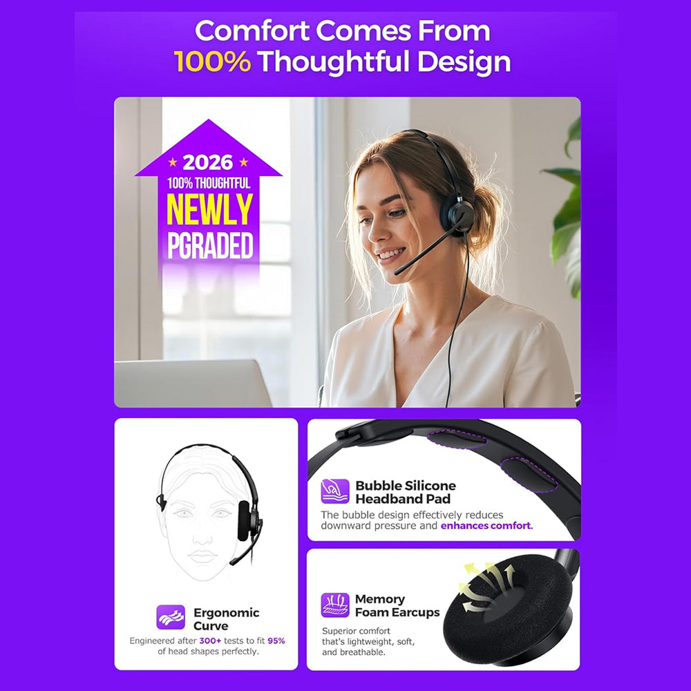 HedivLex Office Headset 99% ENC Noise Cancellation Triple Connectivity USB-C 3.5mm