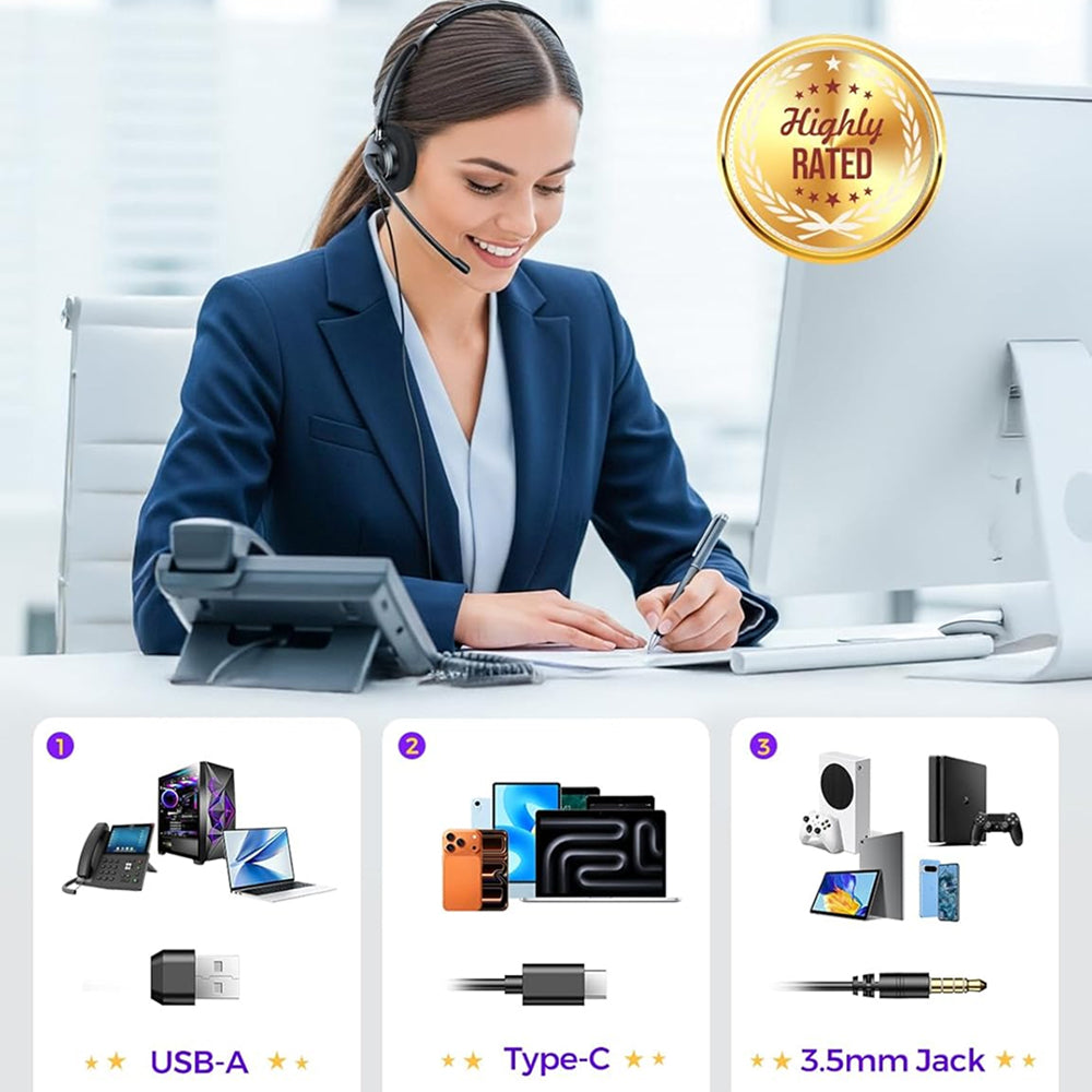 HedivLex Office Headset 99% ENC Noise Cancellation Triple Connectivity USB-C 3.5mm