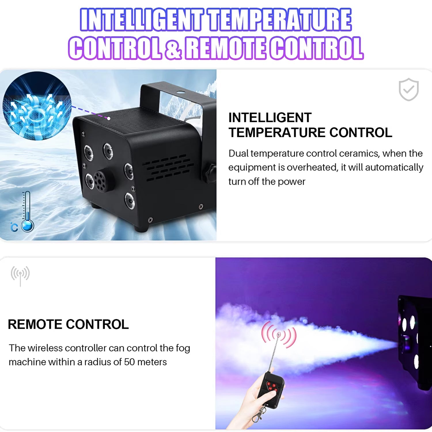 HexieMist 6500 CFM Fog Machine with 12 Color RGB LED Lights, Dual Remote Control and 2-Minute Rapid Warm-Up