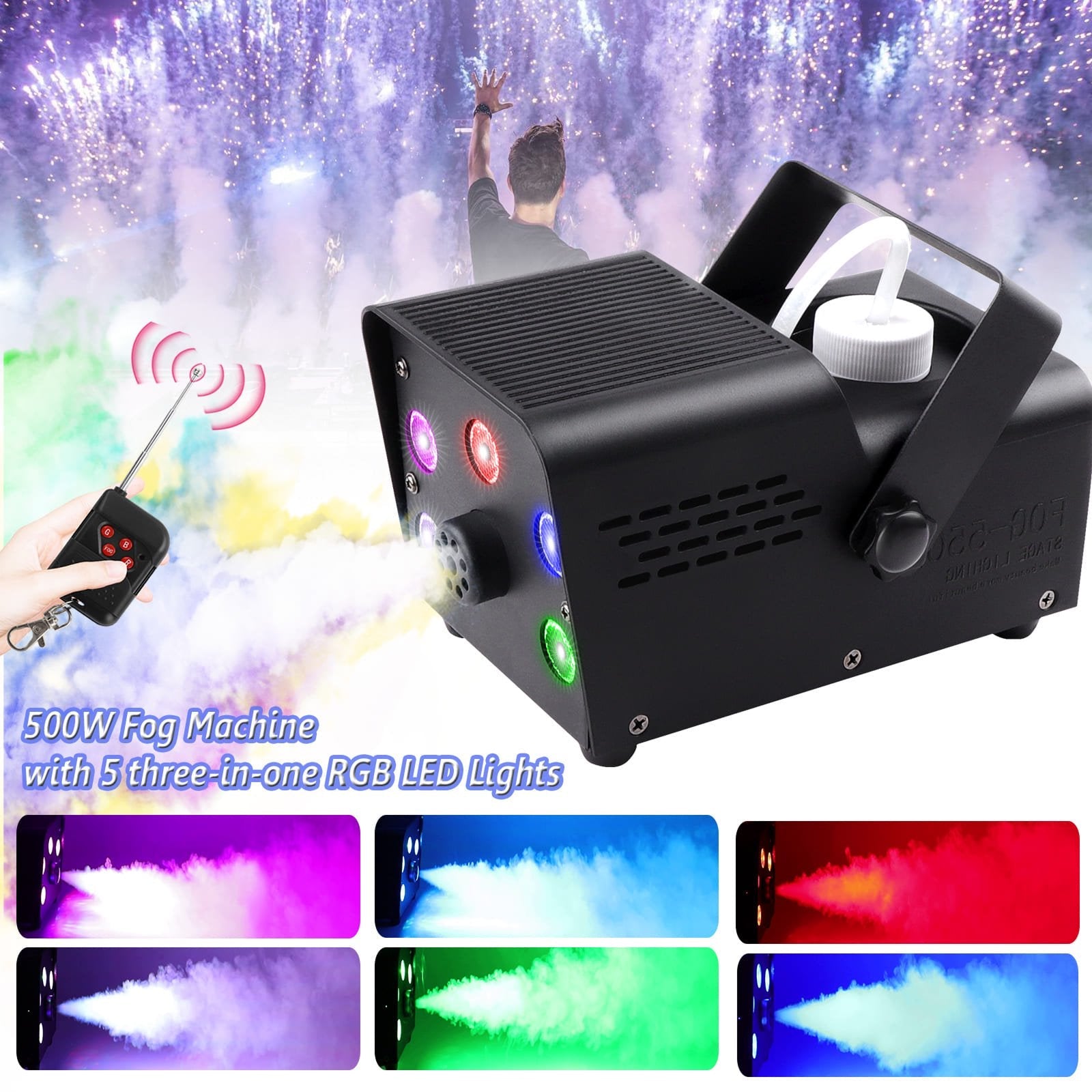 HexieMist 6500 CFM Fog Machine with 12 Color RGB LED Lights, Dual Remote Control and 2-Minute Rapid Warm-Up
