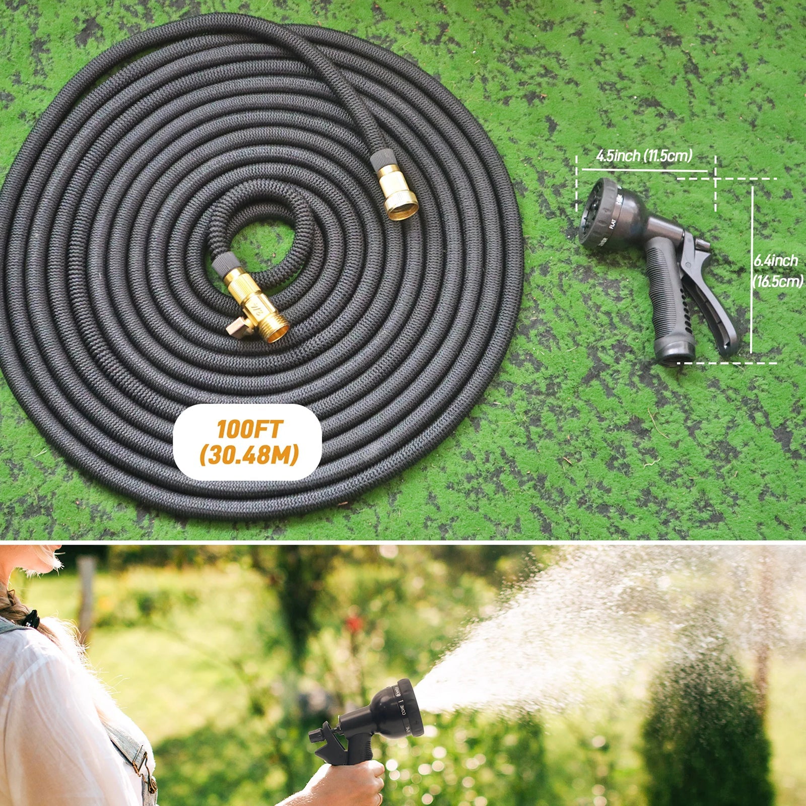 HosiExpi Expandable Garden Hose with 3x Rapid Extension, 3750D Polyester Outer Shell and 8-Pattern Heavy-Duty Spray Nozzle
