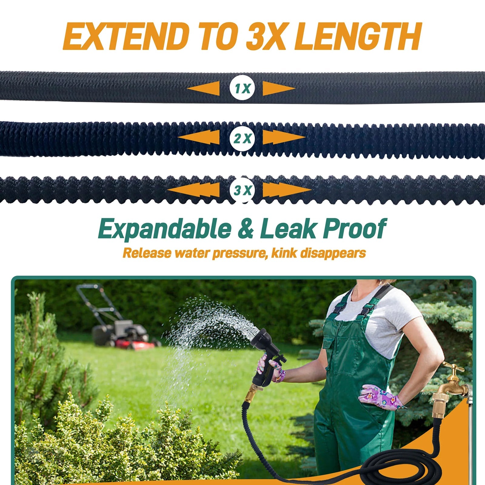 HosiExpi Expandable Garden Hose with 3x Rapid Extension, 3750D Polyester Outer Shell and 8-Pattern Heavy-Duty Spray Nozzle