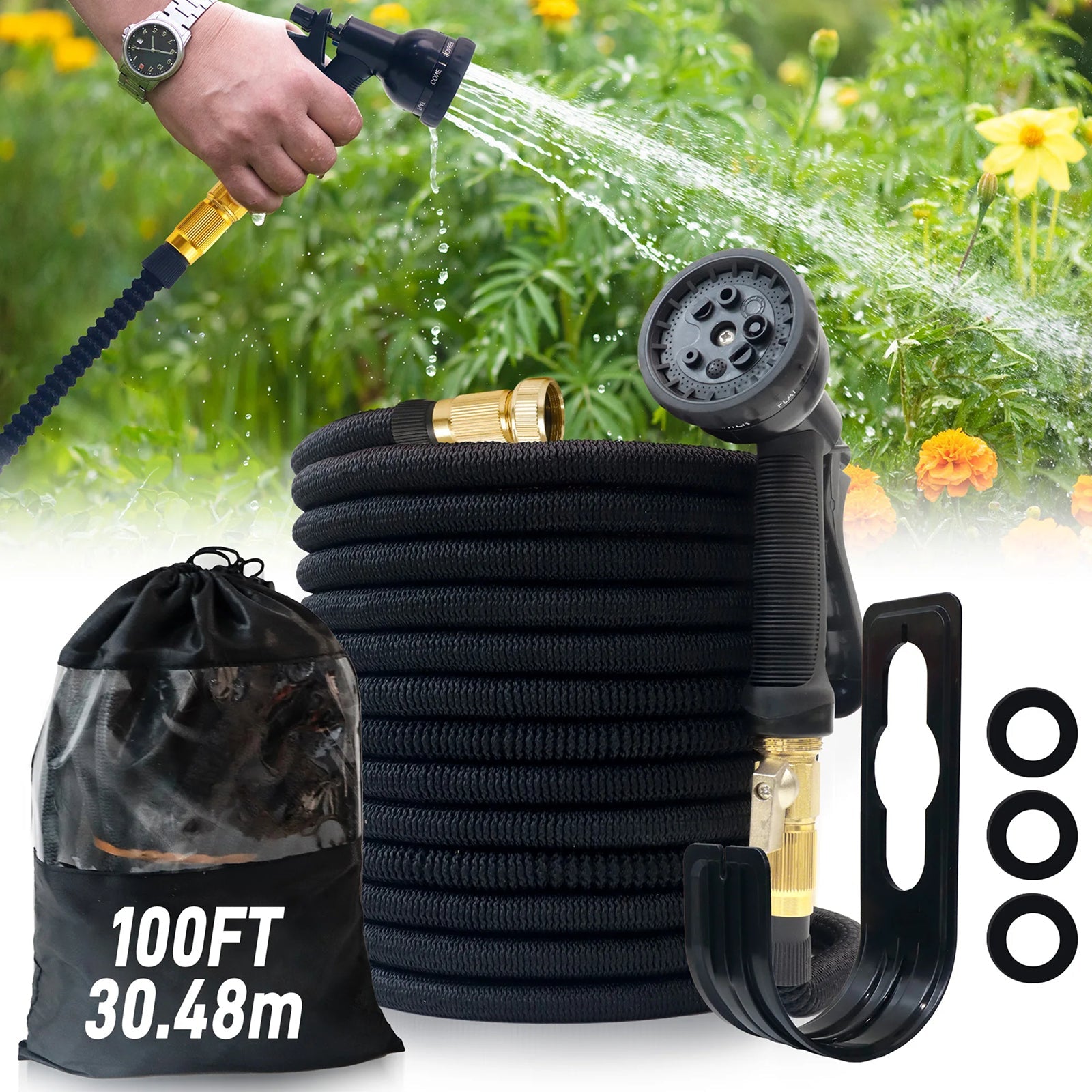 HosiExpi Expandable Garden Hose with 3x Rapid Extension, 3750D Polyester Outer Shell and 8-Pattern Heavy-Duty Spray Nozzle
