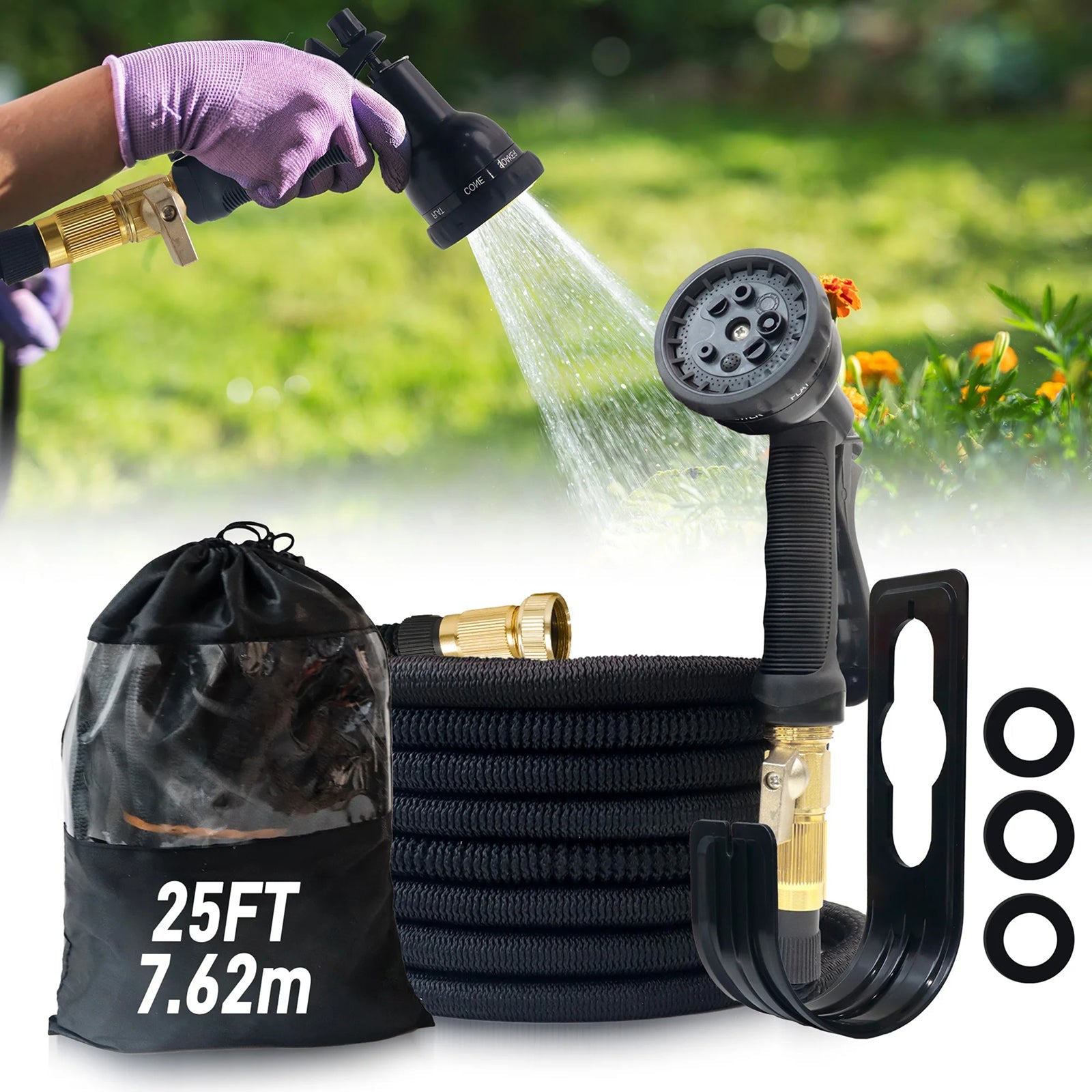 HosiExpi Expandable Garden Hose with 3x Rapid Extension, 3750D Polyester Outer Shell and 8-Pattern Heavy-Duty Spray Nozzle