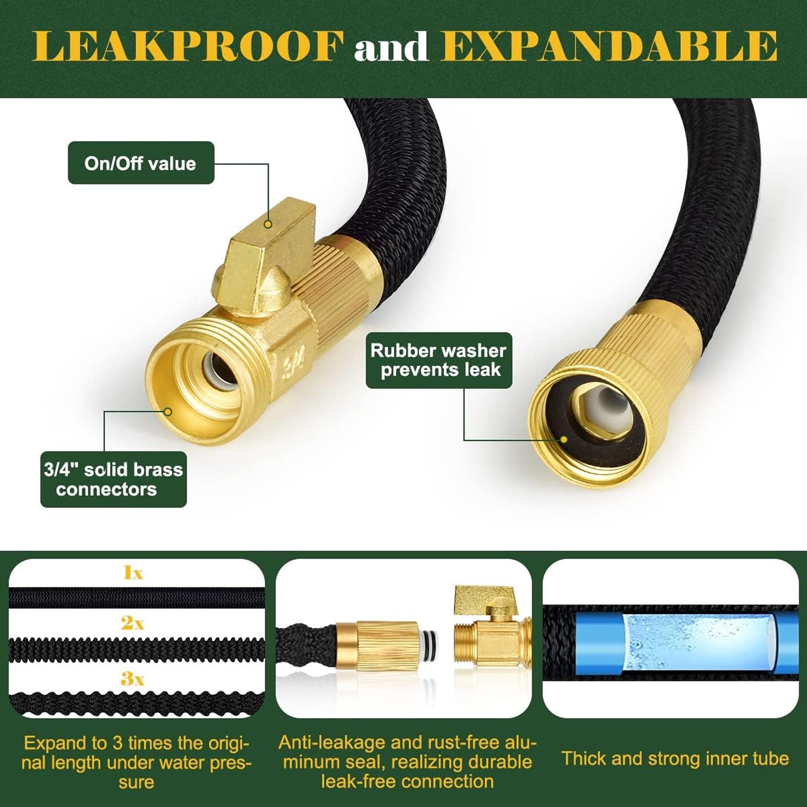HosiExpi Expandable Garden Hose with 3x Rapid Extension, 3750D Polyester Outer Shell and 8-Pattern Heavy-Duty Spray Nozzle