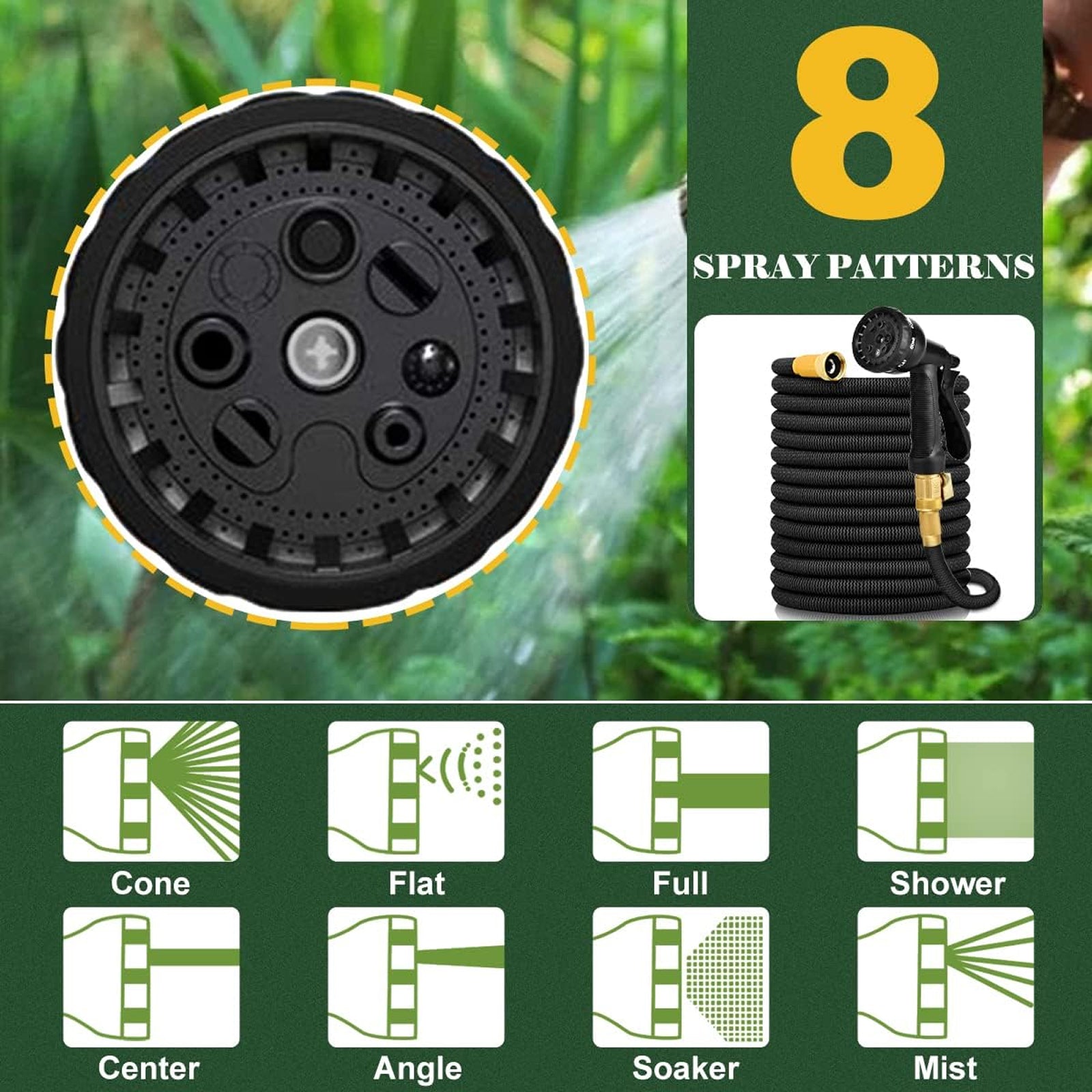 HosiExpi Expandable Garden Hose with 3x Rapid Extension, 3750D Polyester Outer Shell and 8-Pattern Heavy-Duty Spray Nozzle