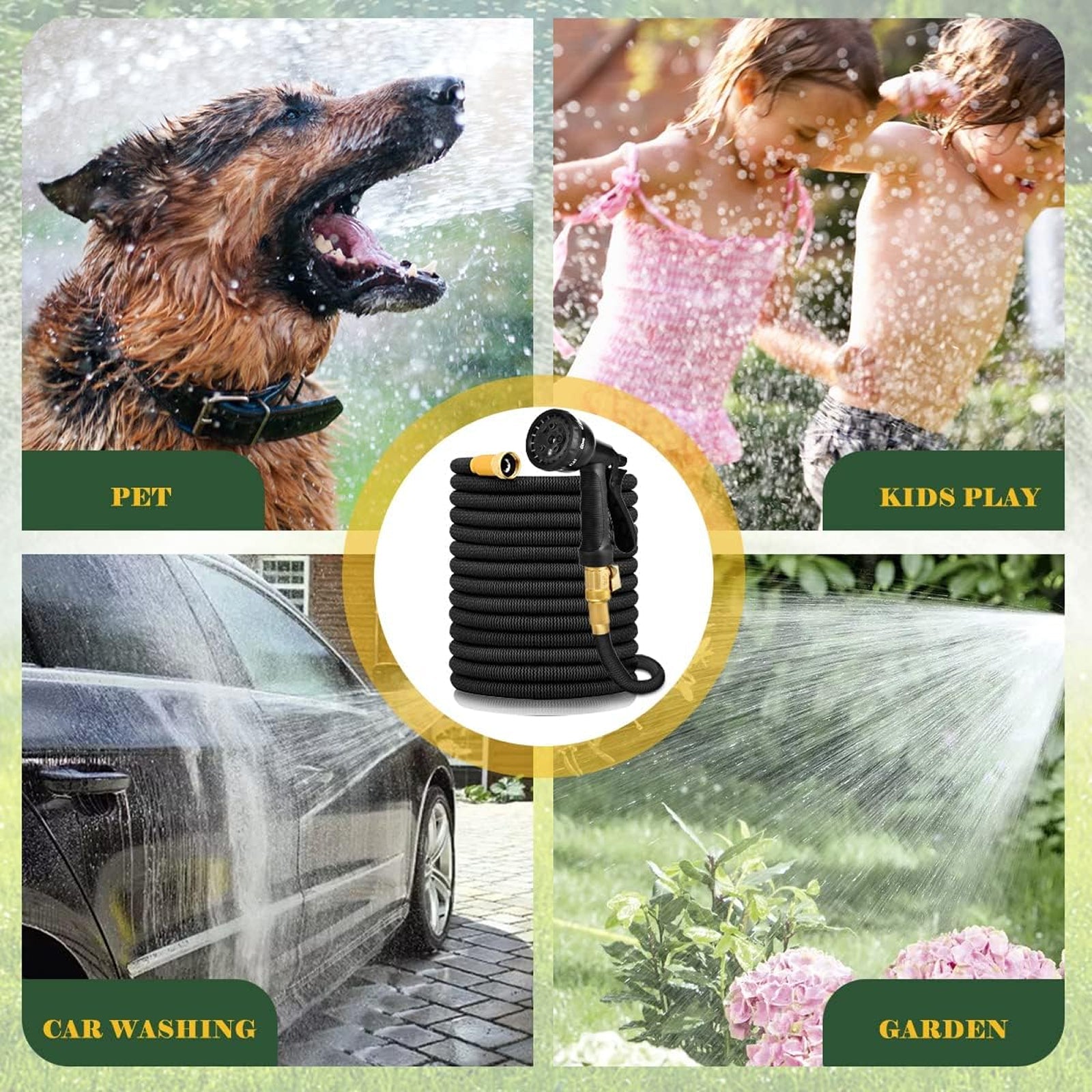 HosiExpi Expandable Garden Hose with 3x Rapid Extension, 3750D Polyester Outer Shell and 8-Pattern Heavy-Duty Spray Nozzle