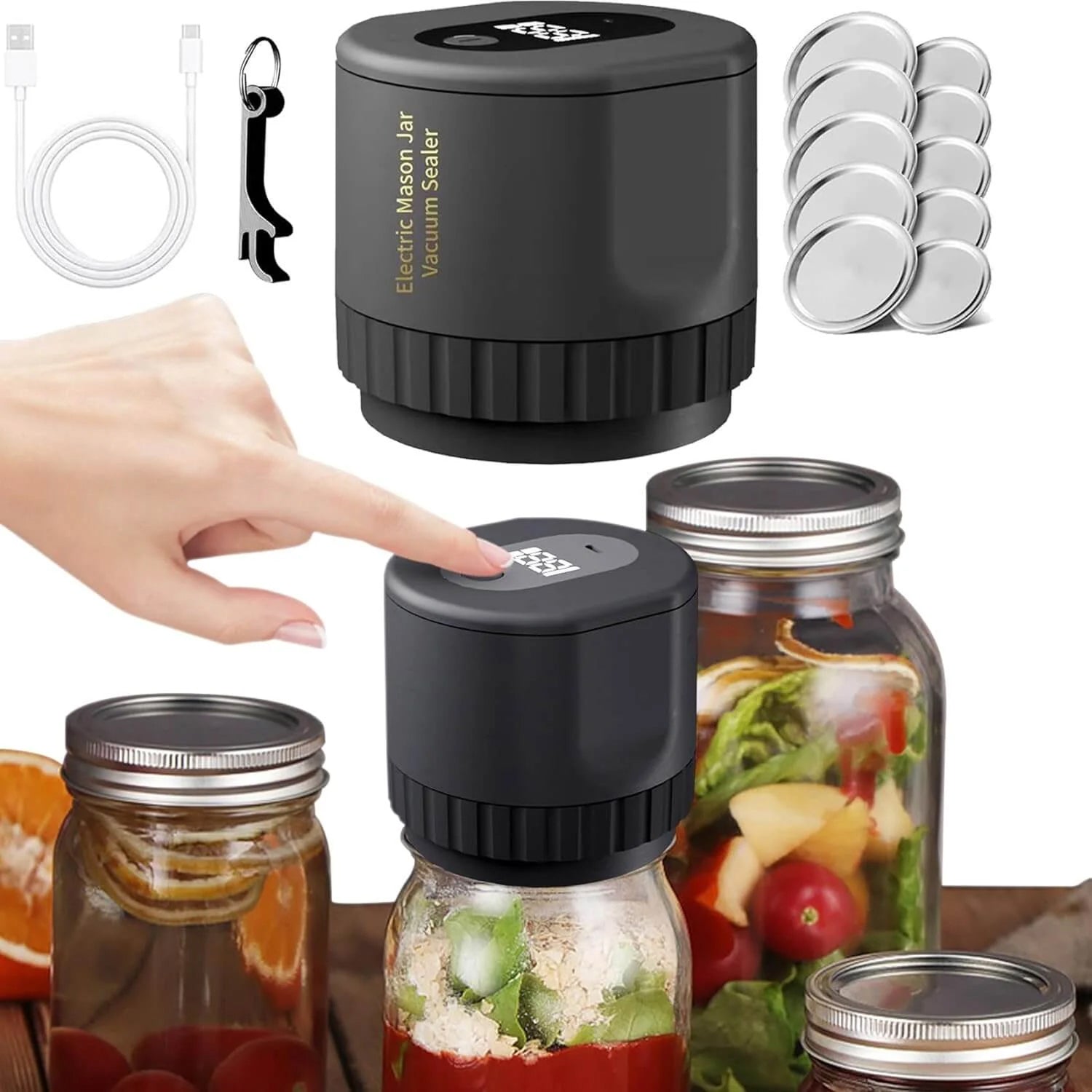 JaryLeki Cordless Mason Jar Vacuum Sealer with -60kPa Professional Suction, Intelligent Auto-Stop Timer and Universal Jar Compatibility