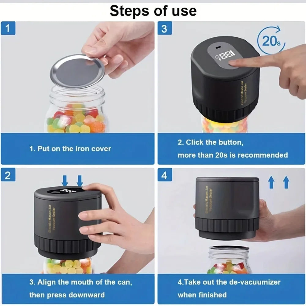 JaryLeki Cordless Mason Jar Vacuum Sealer with -60kPa Professional Suction, Intelligent Auto-Stop Timer and Universal Jar Compatibility