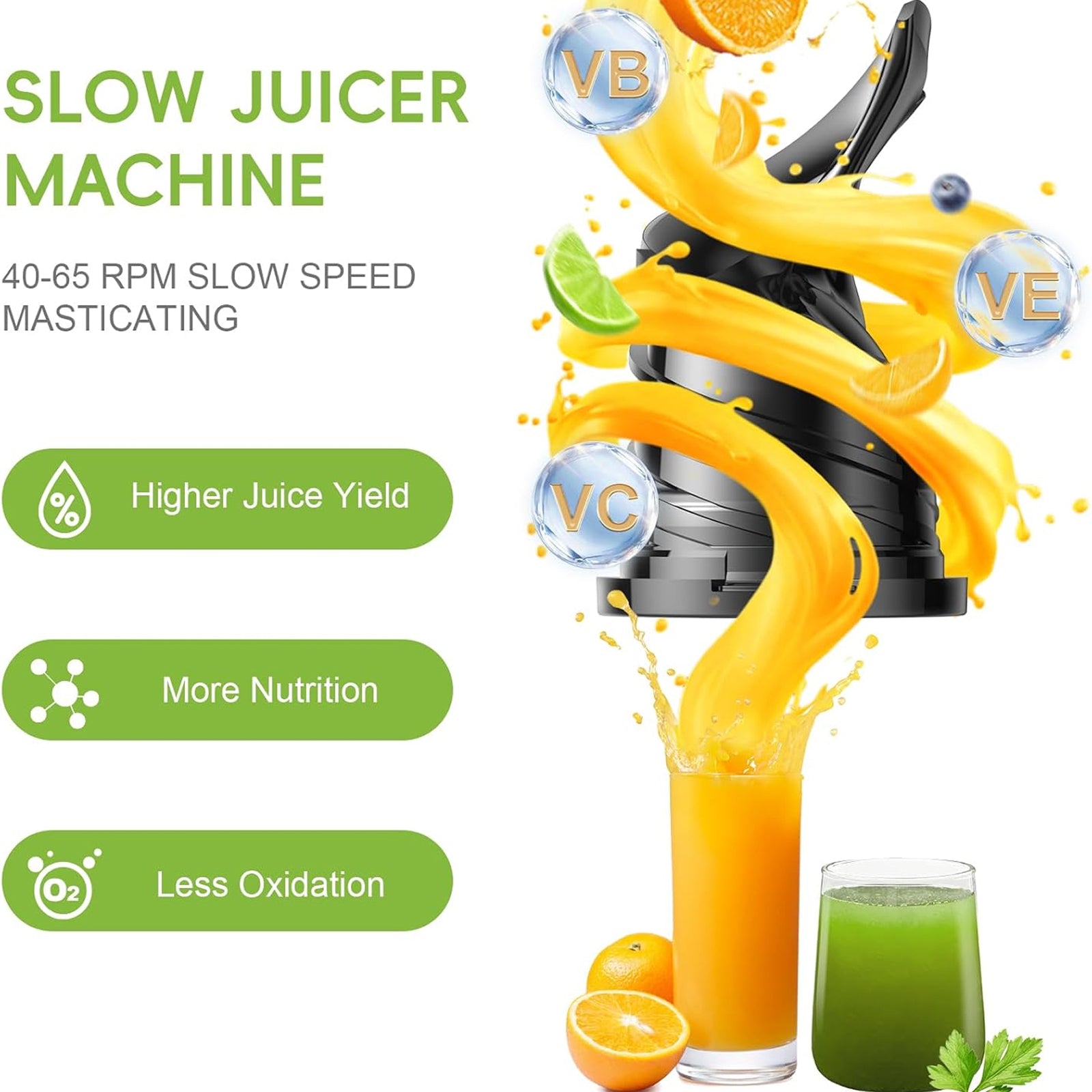 JoyDrinko 130mm Wide Chute Cold Press Juicer - 90% Juice Yield