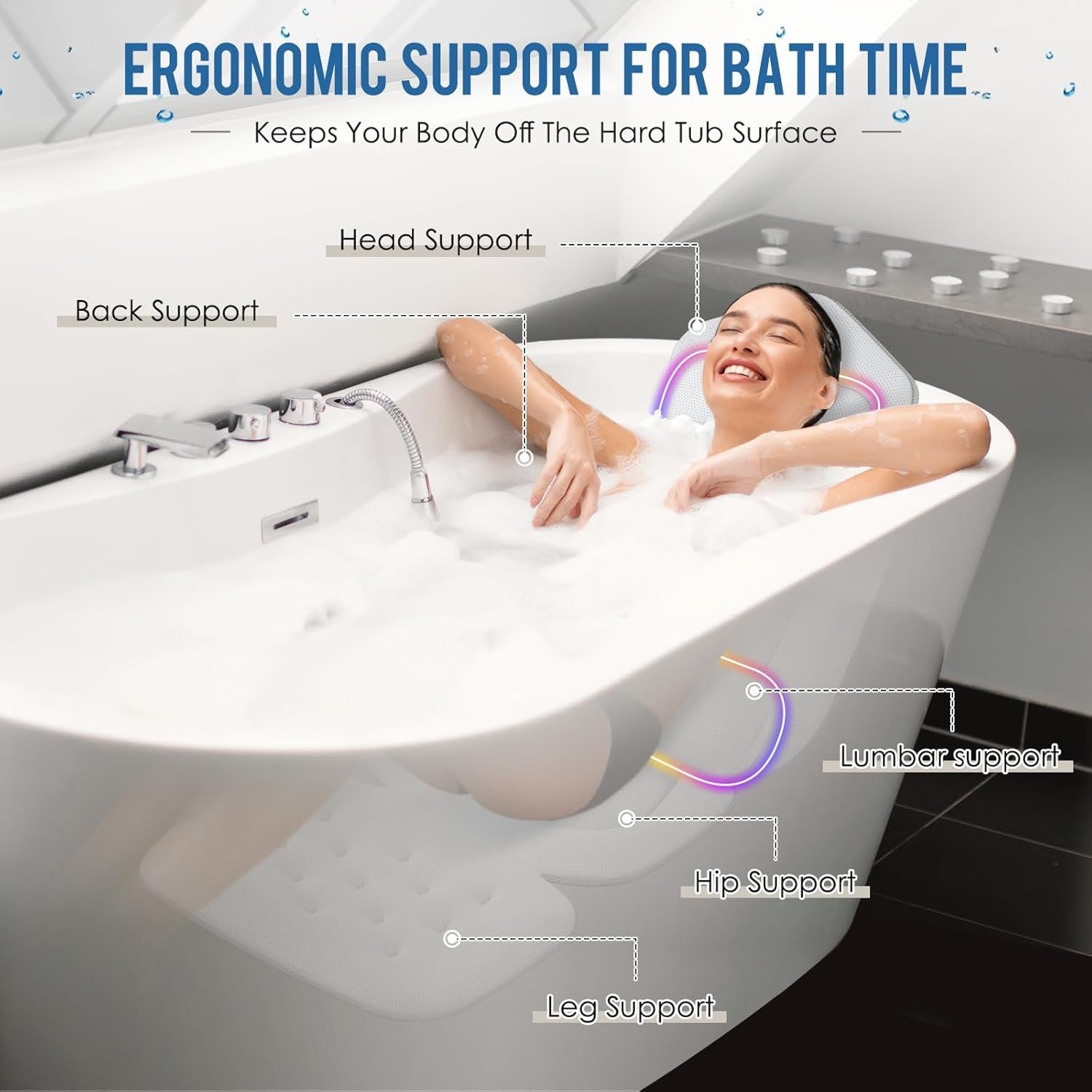 LimiJaxi Full Body Bath Pillow Mat with 192 Suction Cups, 5D Air Mesh, and Lumbar Support