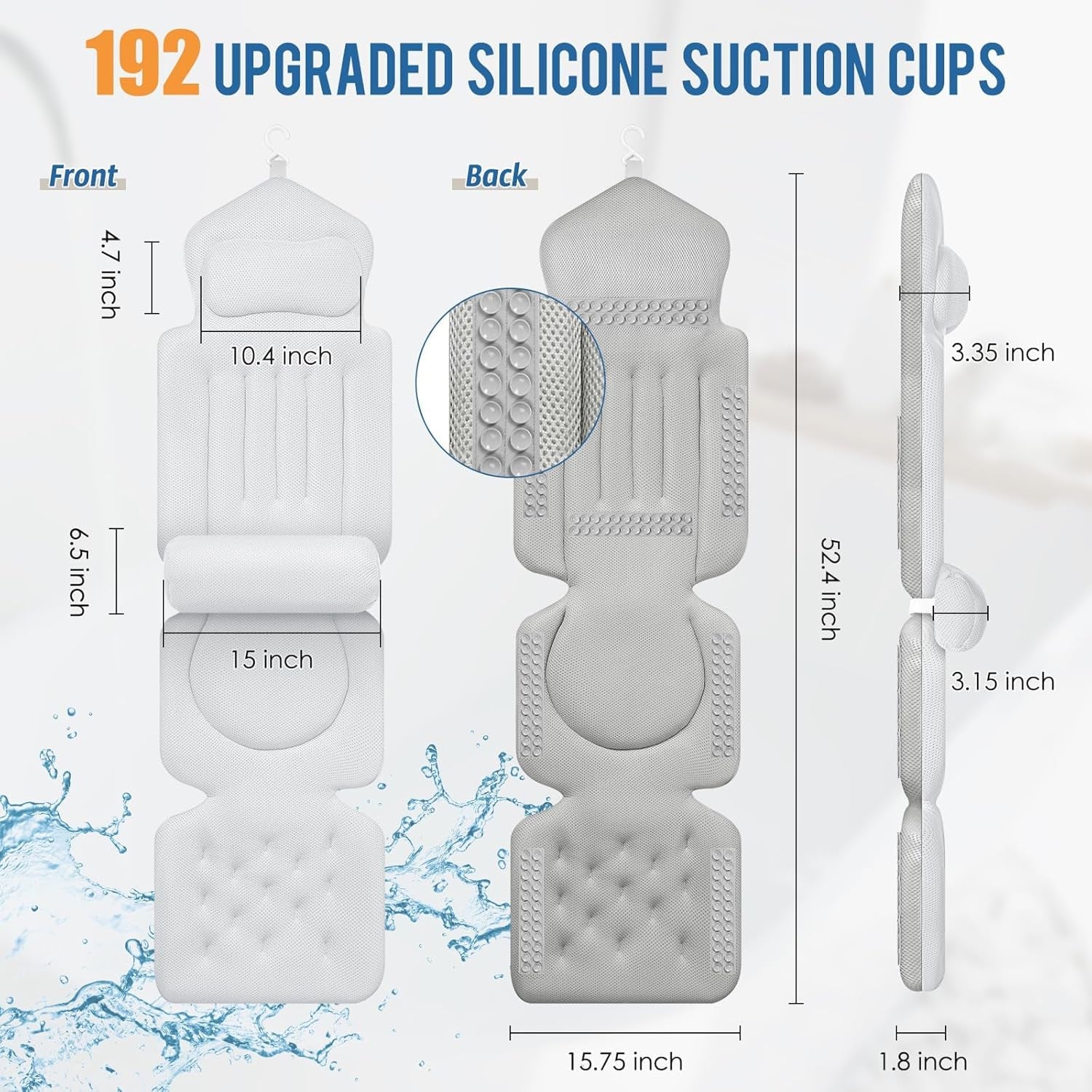 LimiJaxi Full Body Bath Pillow Mat with 192 Suction Cups, 5D Air Mesh, and Lumbar Support