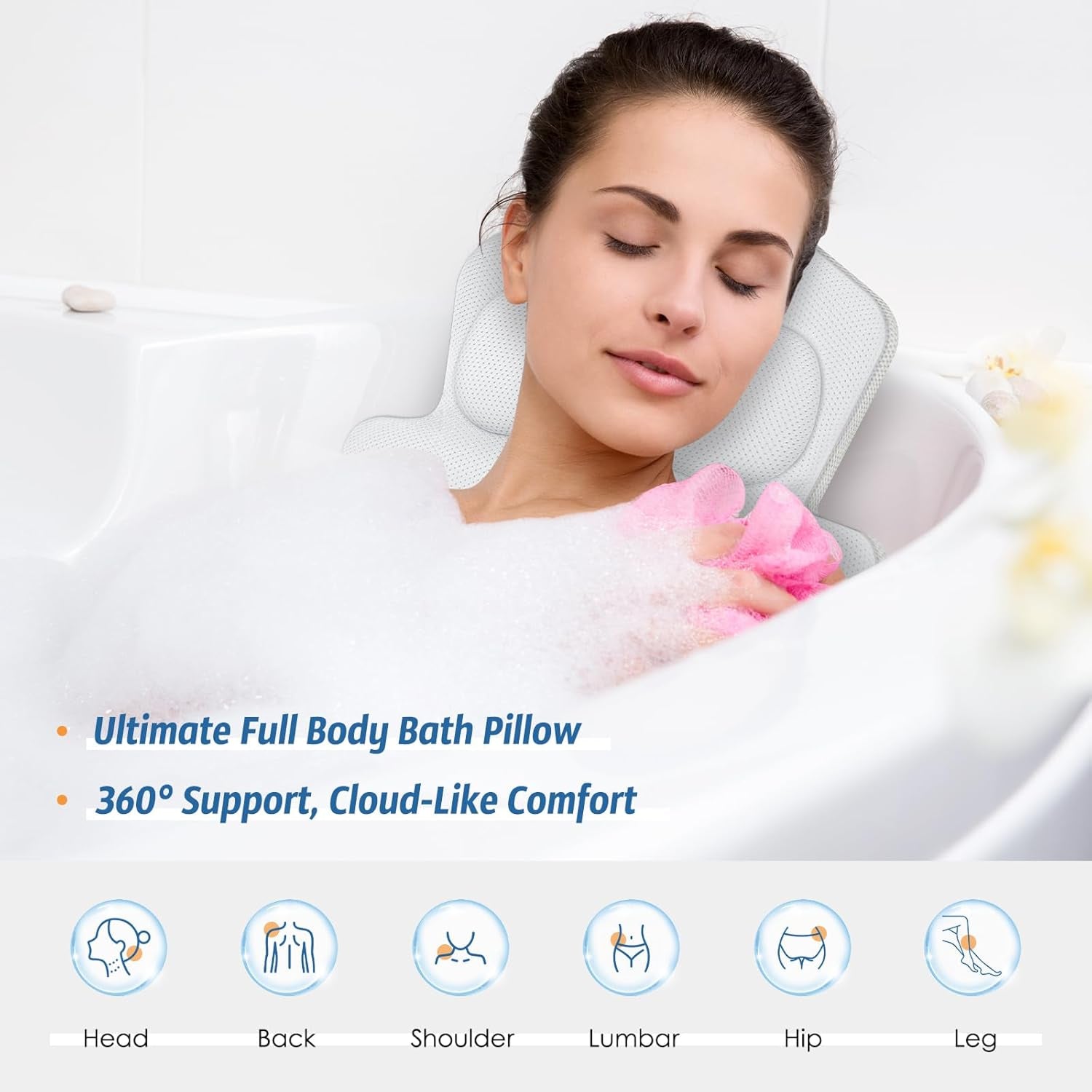 LimiJaxi Full Body Bath Pillow Mat with 192 Suction Cups, 5D Air Mesh, and Lumbar Support