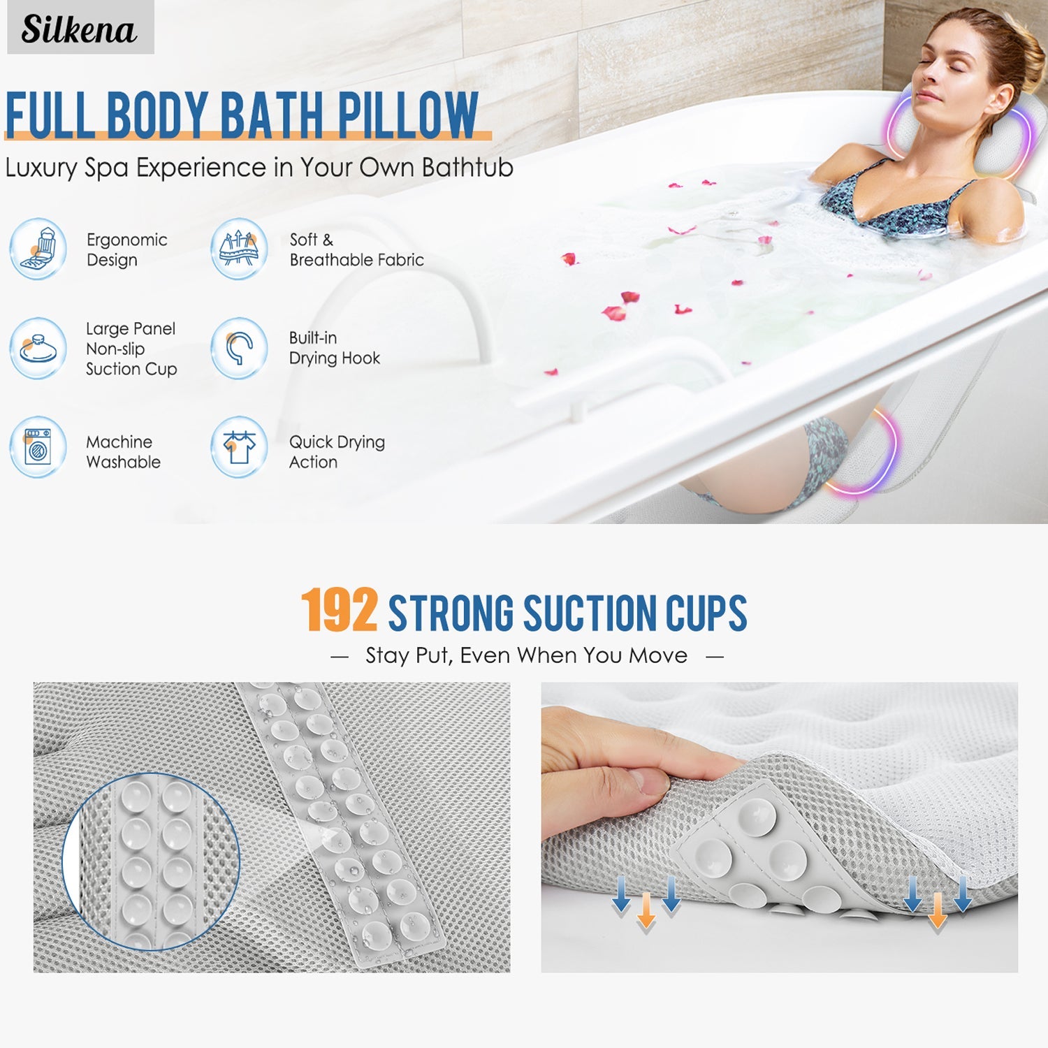 LimiJaxi Full Body Bath Pillow Mat with 192 Suction Cups, 5D Air Mesh, and Lumbar Support