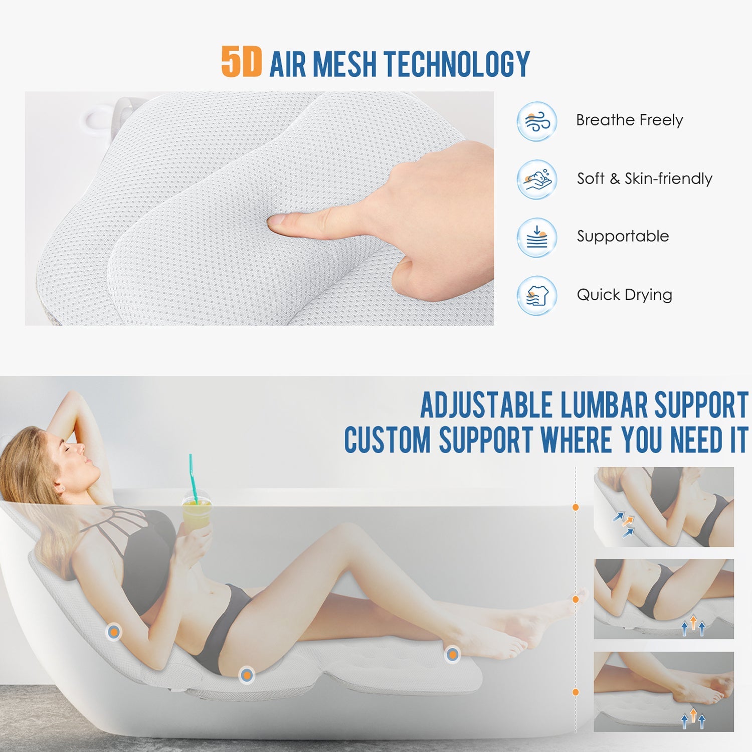 LimiJaxi Full Body Bath Pillow Mat with 192 Suction Cups, 5D Air Mesh, and Lumbar Support