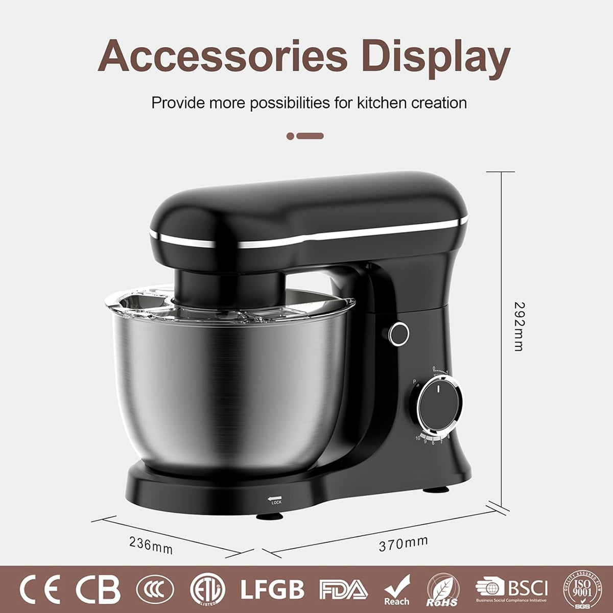 LoenVint 1500W Stand Mixer with 6QT Stainless Steel Bowl