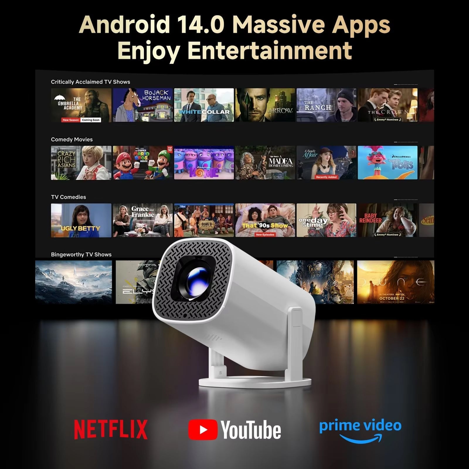 LuxinBeam Android 14.0 Smart Mini Projector with 270° Rotating Gimbal