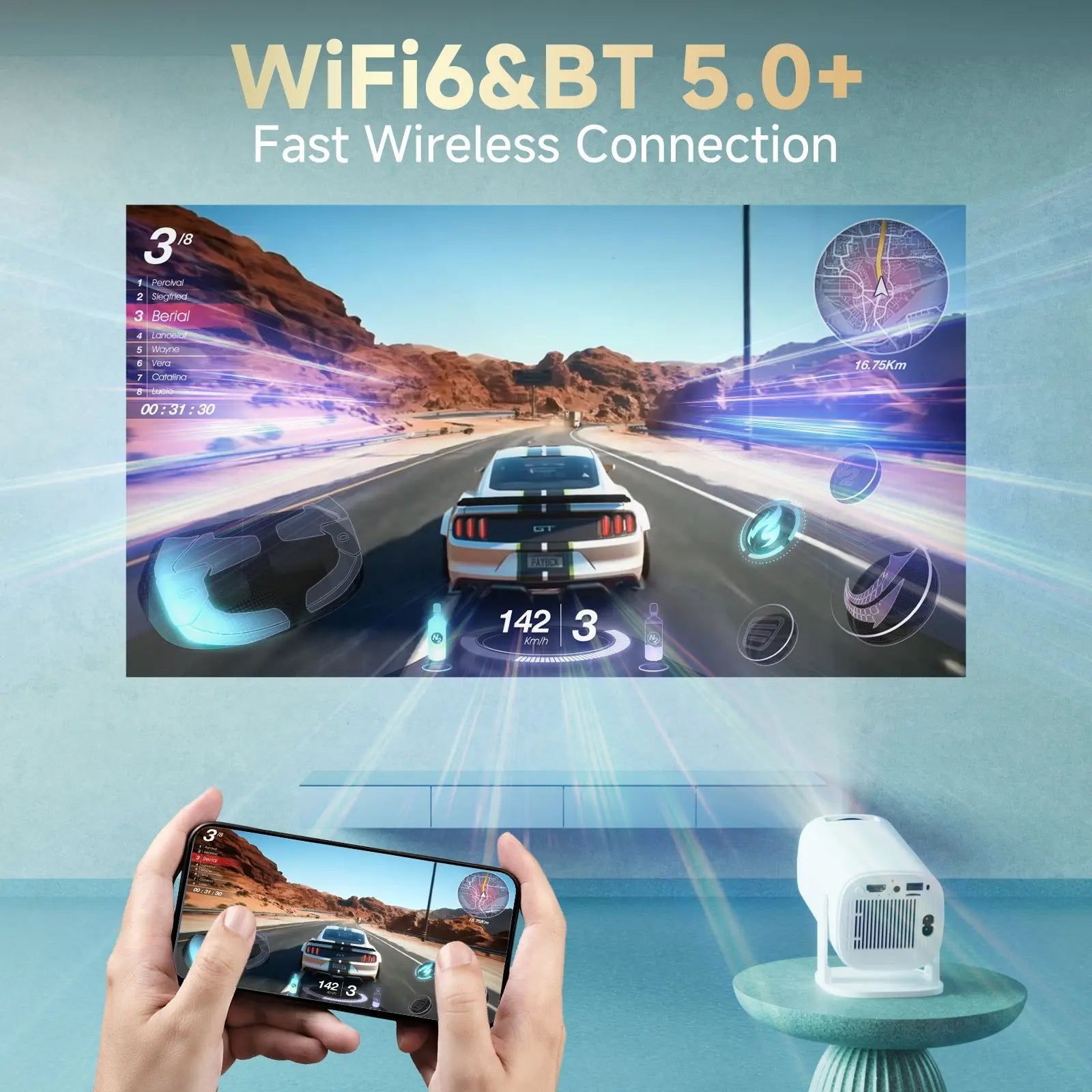 LuxinBeam Android 14.0 Smart Mini Projector with 270° Rotating Gimbal