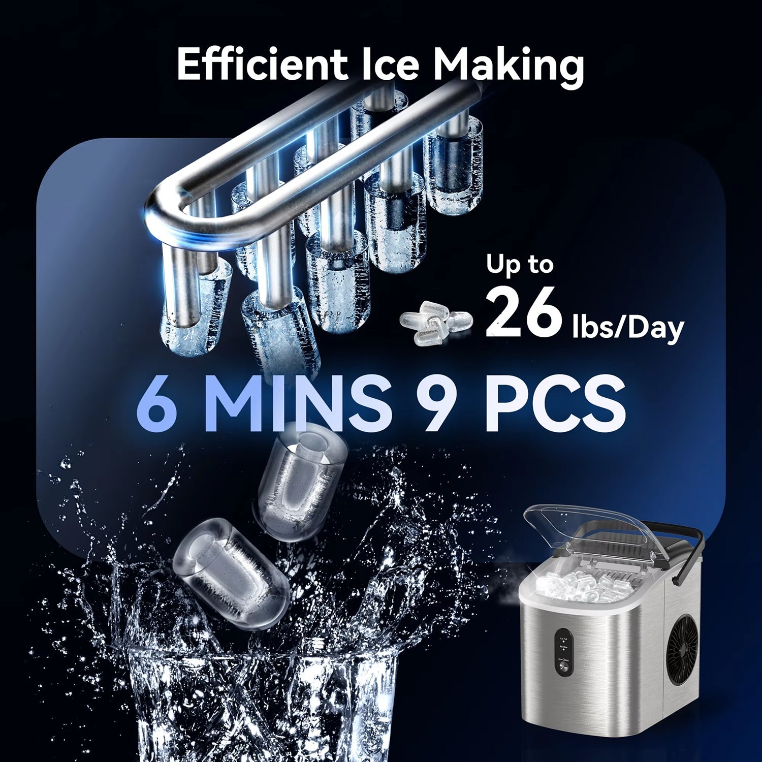 MakixIce Countertop Ice Maker 26lbs/Day 6-Min Fast Ice Machine with Self-Cleaning