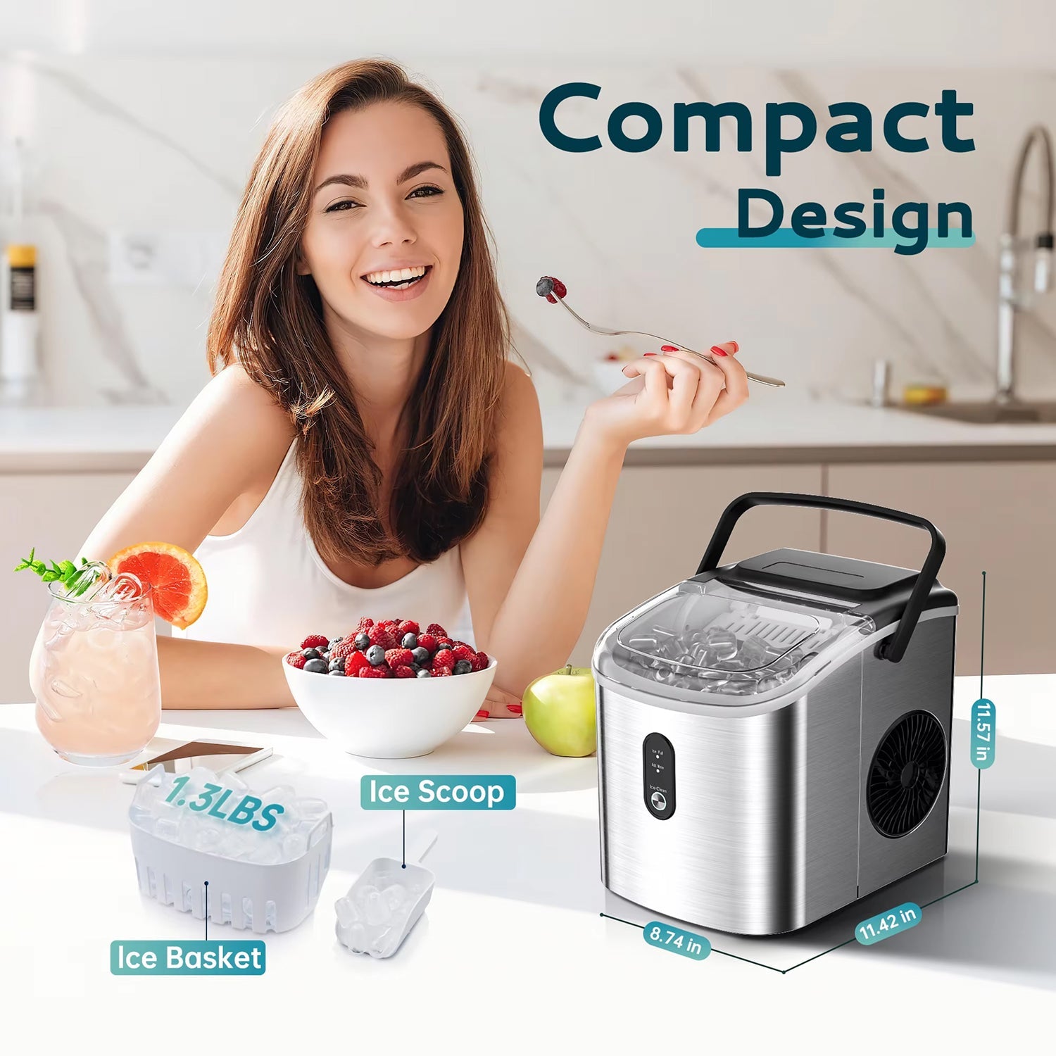MakixIce Countertop Ice Maker 26lbs/Day 6-Min Fast Ice Machine with Self-Cleaning