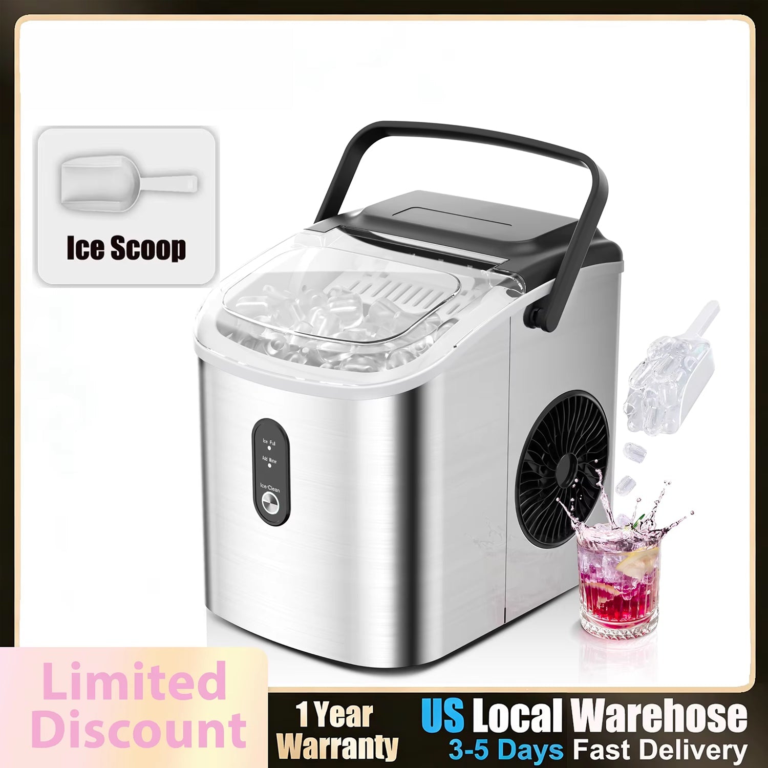 MakixIce Countertop Ice Maker 26lbs/Day 6-Min Fast Ice Machine with Self-Cleaning