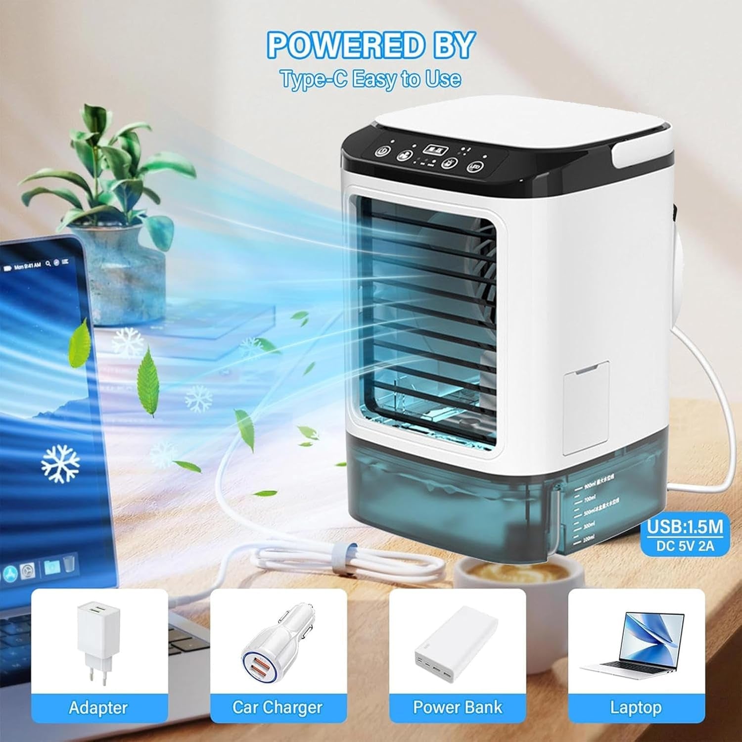 MintFesi Misting Fan 900mL Ice Compartment 10-in-1 Humidifier Quiet 35dB Portable Cooler
