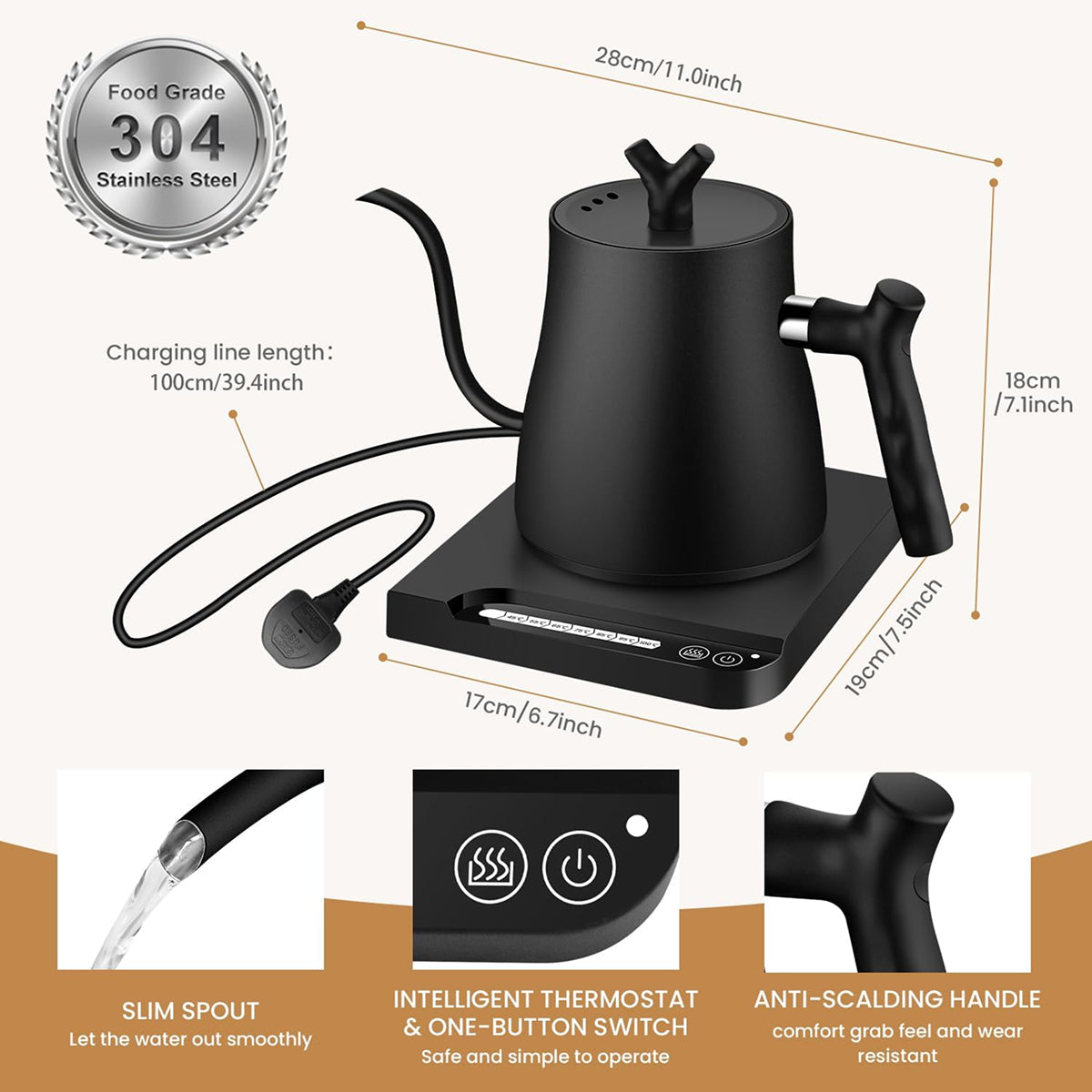 NisFlume Electric Gooseneck Kettle with Temperature Control